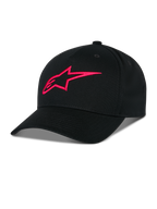 Alpinestars Ageless Snapback Hat, Black with Red 3D embroidered A-star logo, structured crown with curved bill, cotton twill fabric, casual sportswear accessory