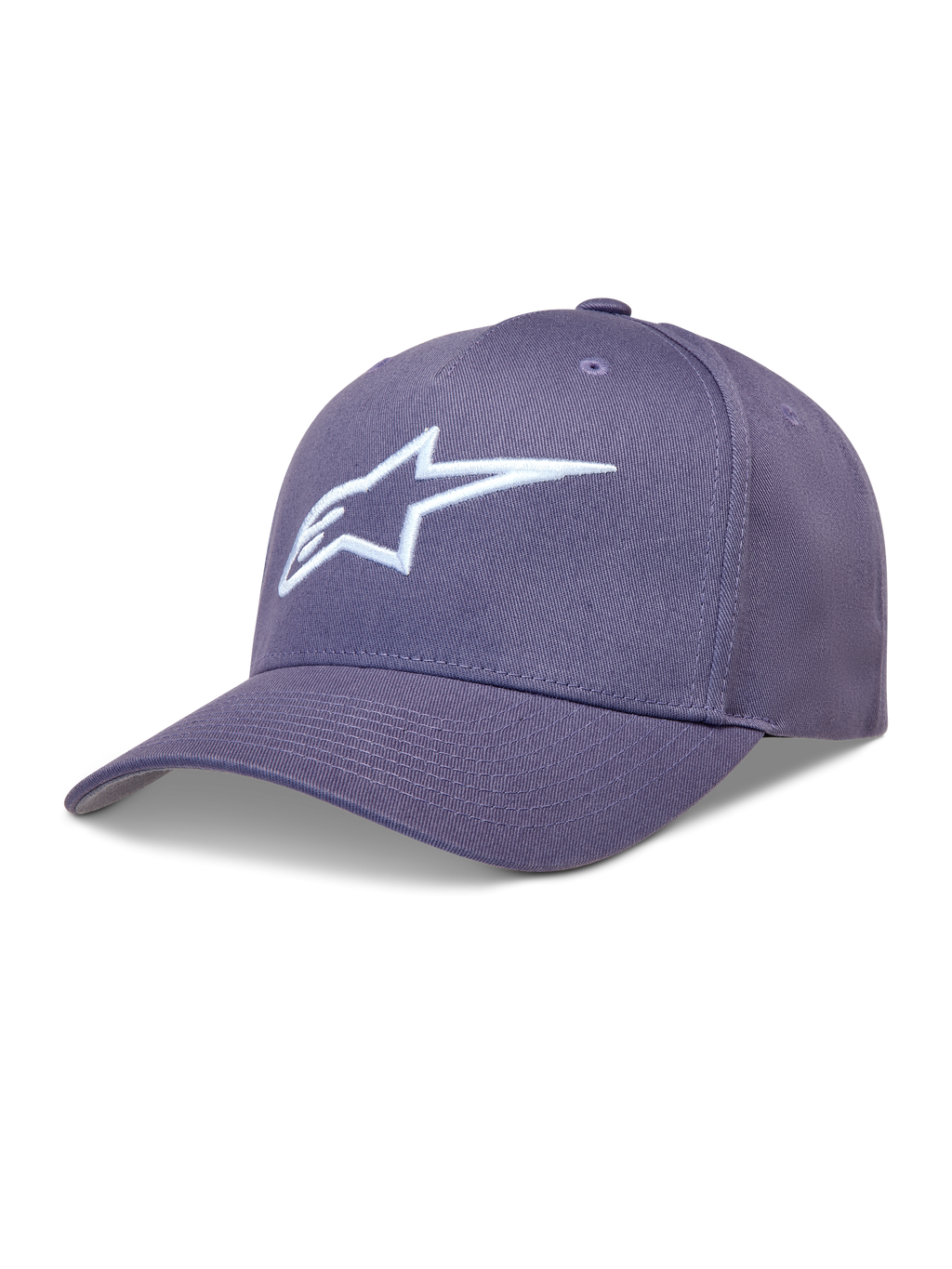 Alpinestars Ageless Snapback hoed in paars met wit 3D geborduurd Astars-logo, gebogen klep en gestructureerde kroon.