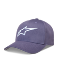 Alpinestars Ageless Snapback hoed in paars met wit 3D geborduurd Astars-logo, gebogen klep en gestructureerde kroon.
