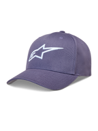 Alpinestars Ageless Snapback hoed in paars met wit 3D geborduurd Astars-logo, gebogen klep en gestructureerde kroon.