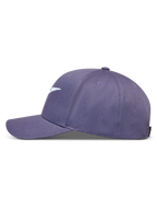 Alpinestars Ageless Snapback hoed in paars met een gebogen klep en gestructureerde kroon van duurzame keperstof.