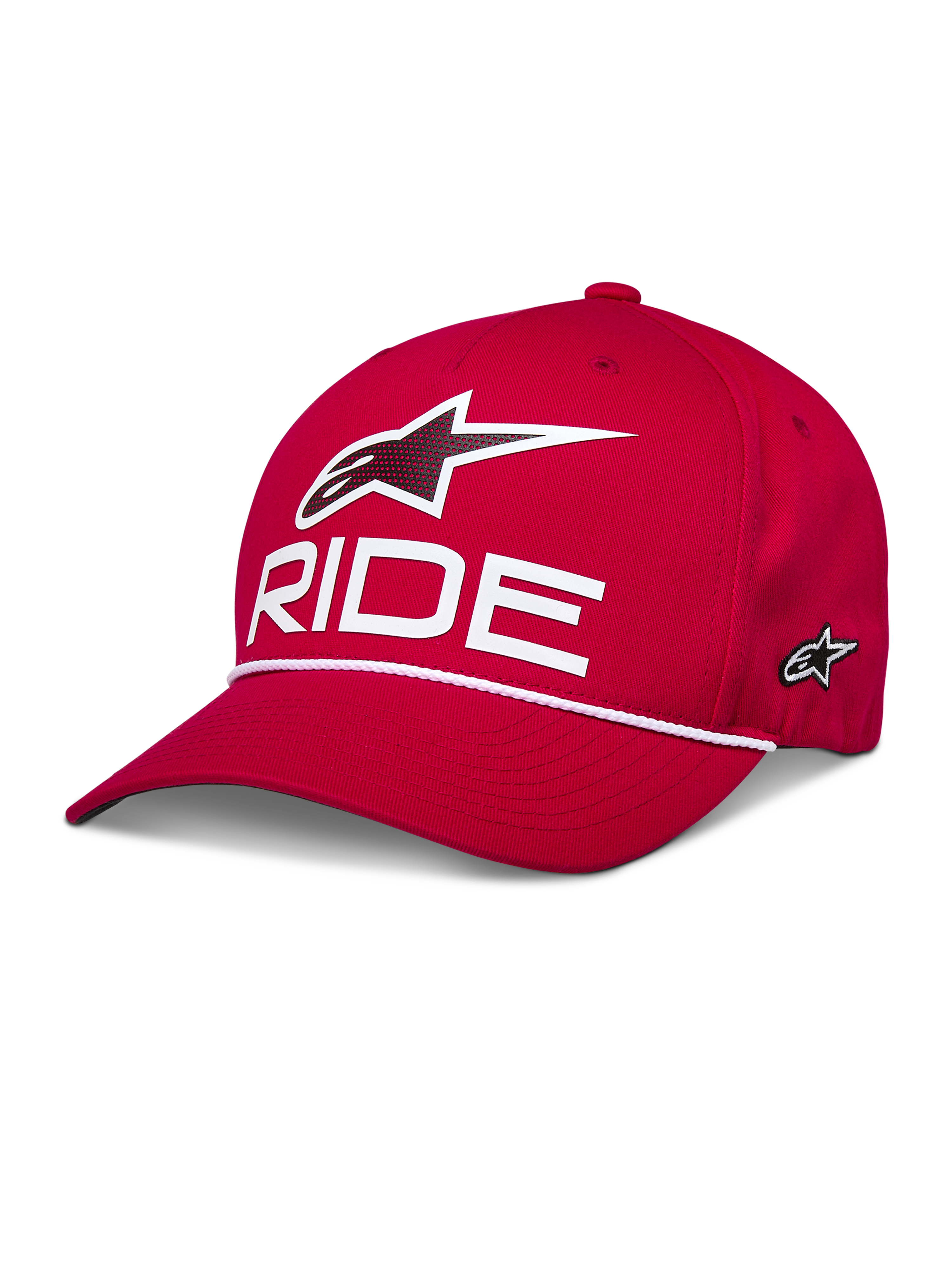 Alpinestars Ride Comp Snapback pet, rood, met wit 3D Astars-logo en RIDE-tekst, gebogen klep met witte gevlochten koordafwerking, gestructureerde kroon, casual sportkleding