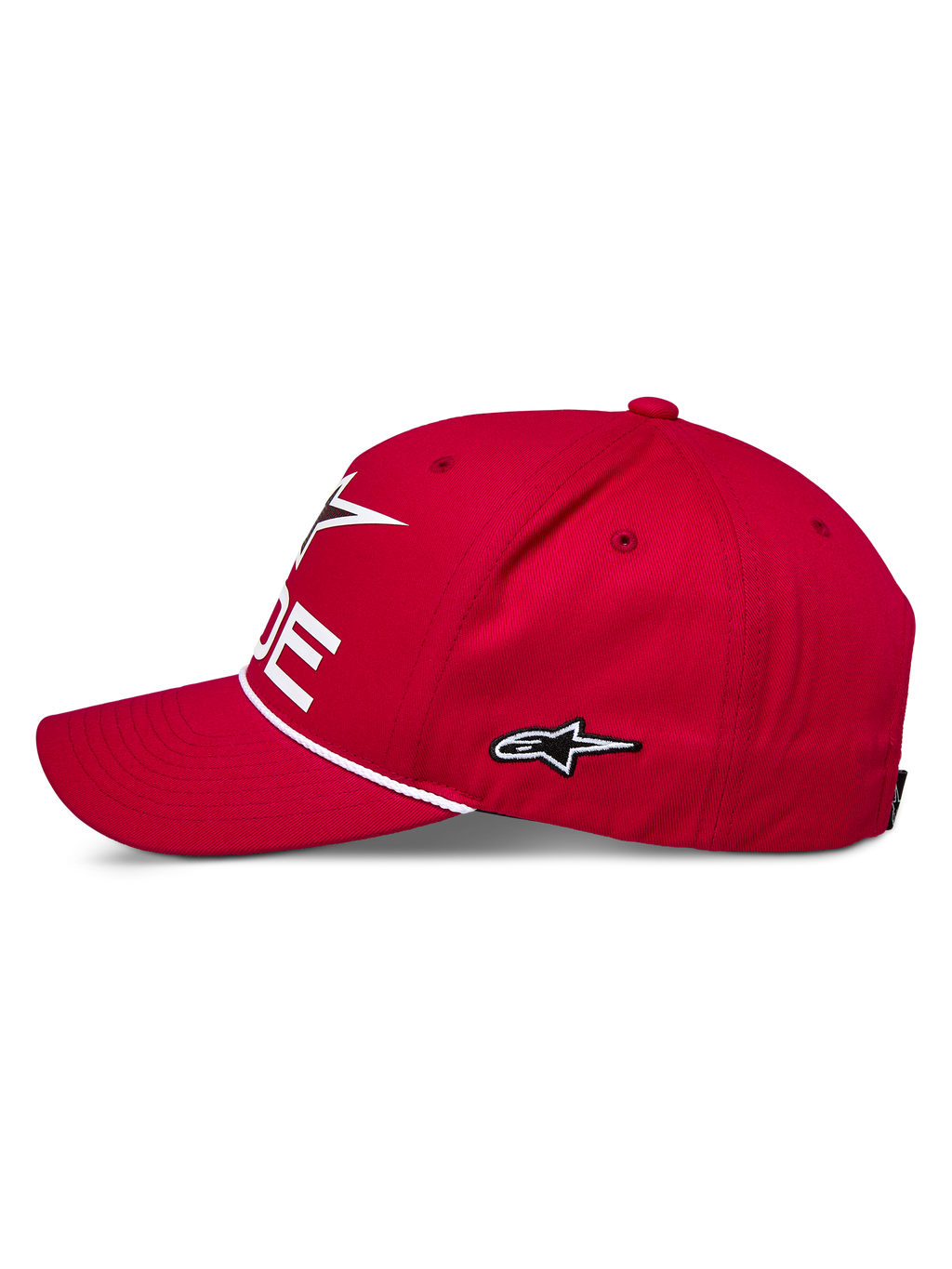 Alpinestars Ride Comp Snapback pet, rood, zijprofiel, wit geborduurd ster-logo, gevlochten koordafwerking, gebogen klep, casual motorsportkleding