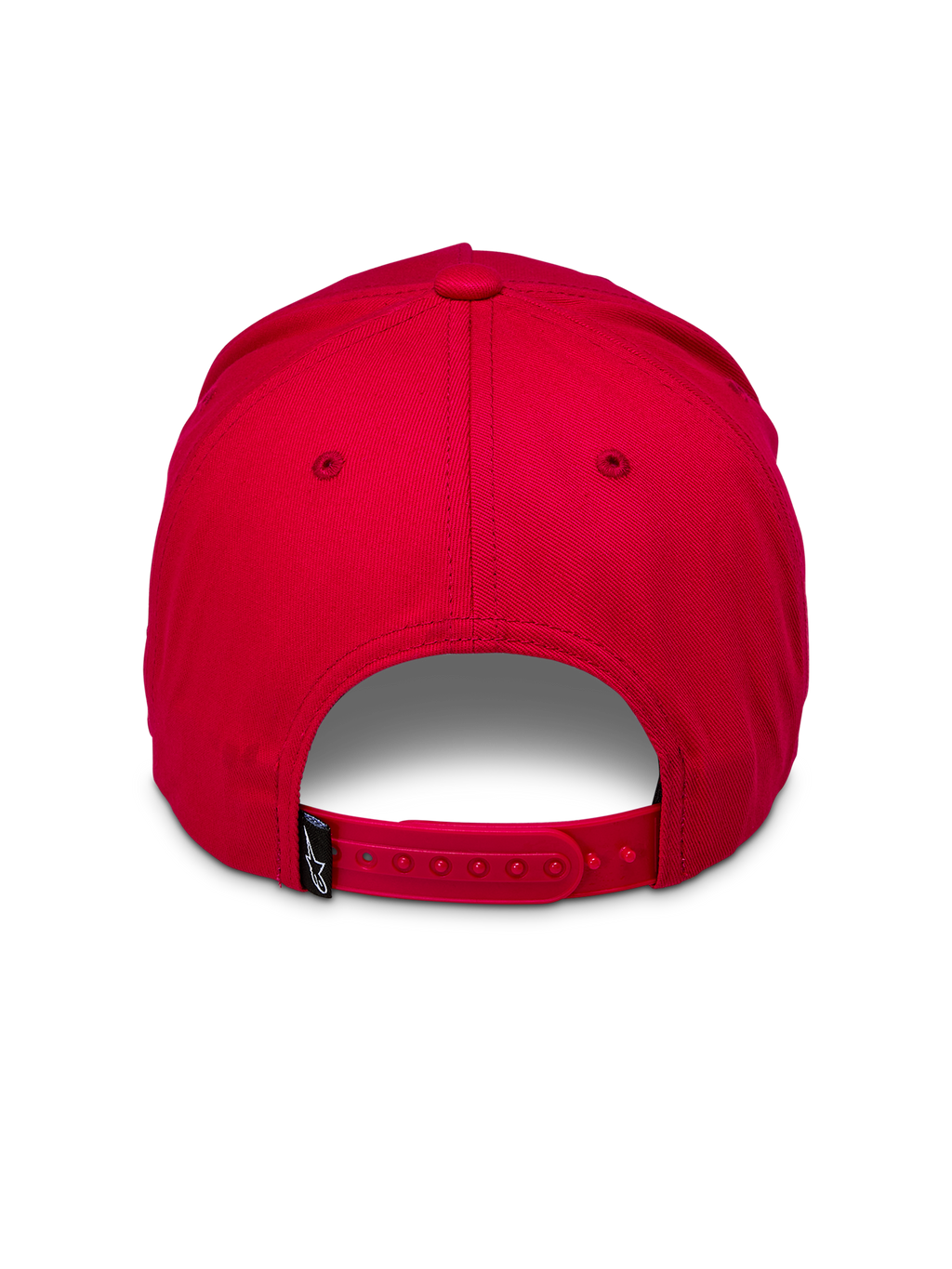 Alpinestars Ride Comp Snapback pet, rood, achteraanzicht met een verstelbare rode snapback-sluiting en een klein zwart geweven label met wit logo, gestructureerde kroon, casual hoofddeksel