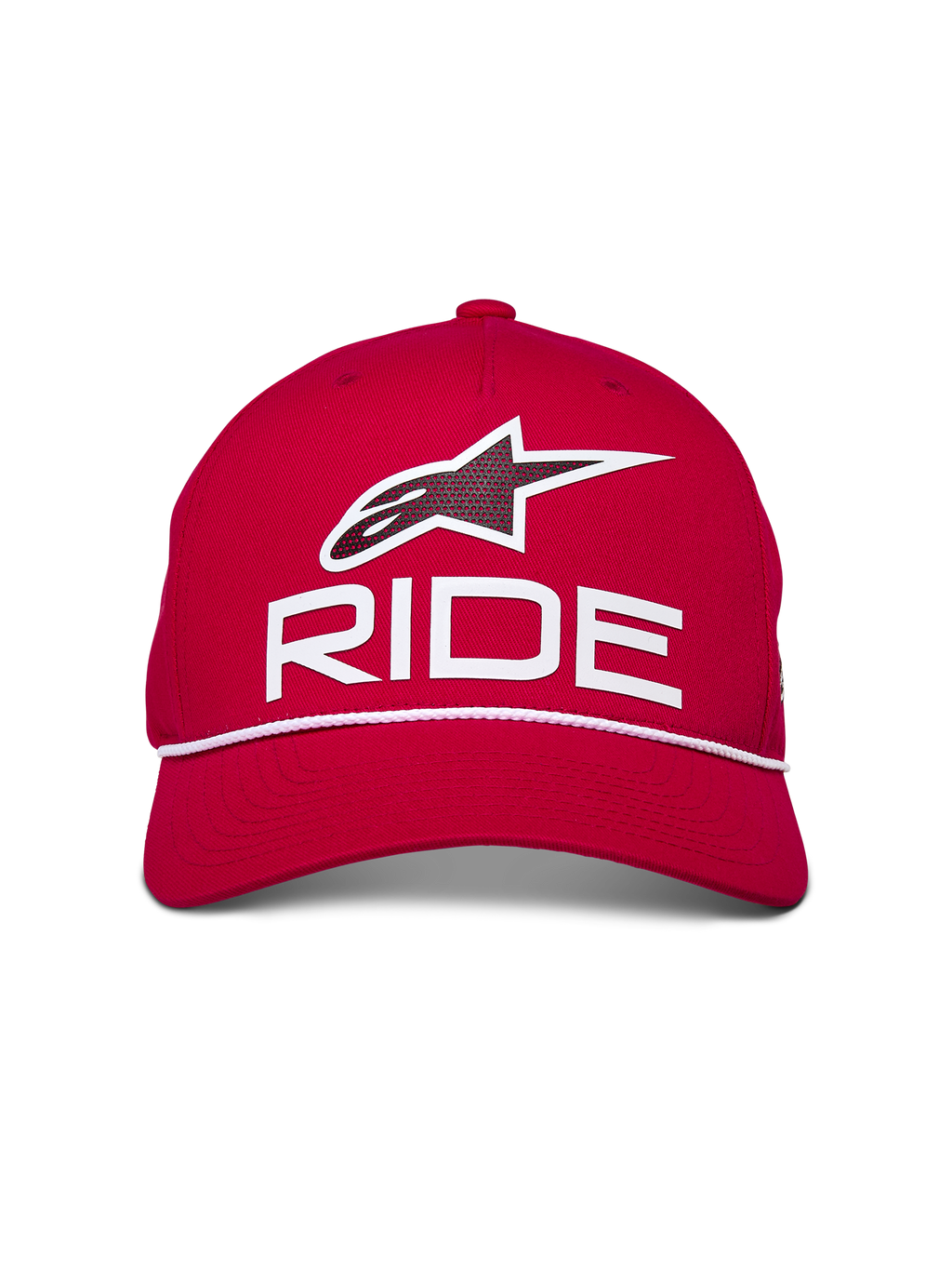 Alpinestars Ride Comp snapback pet, rood met wit en zwart, met 3D Astars Ride-logo en wit gevlochten koordafwerking, gestructureerde kroon met gebogen klep, casual motorsport-geïnspireerde hoofdbedekking