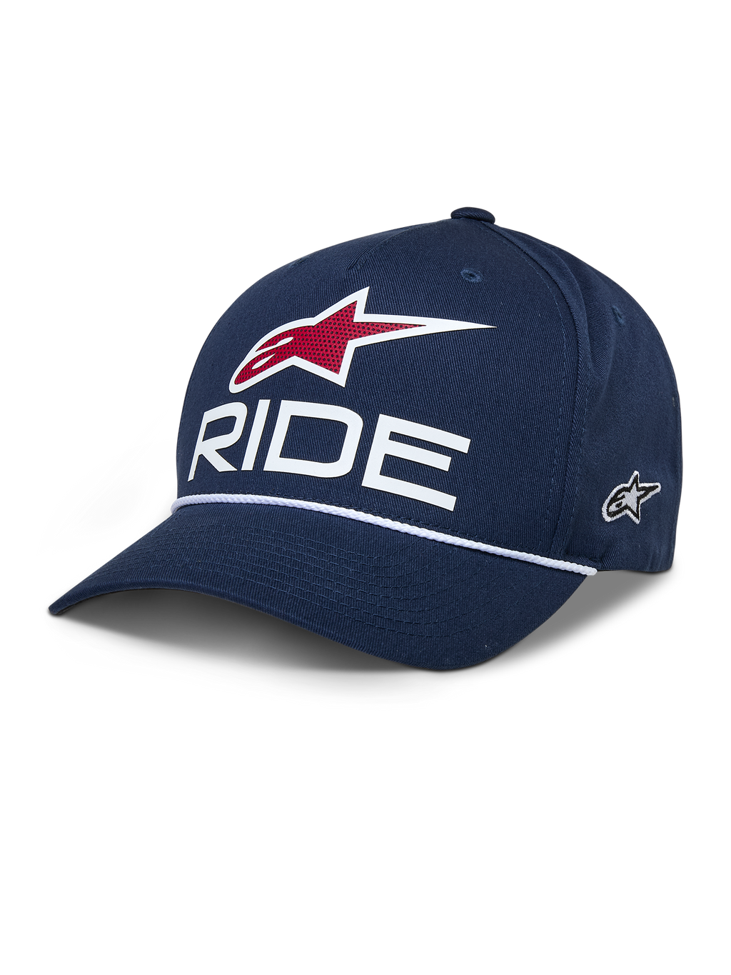 Alpinestars Ride Comp Snapback pet, donkerblauwe baseballpet, wit RIDE- en rood sterlogo, gebogen klep met wit gevlochten koord, casual motorsport hoofdbedekking