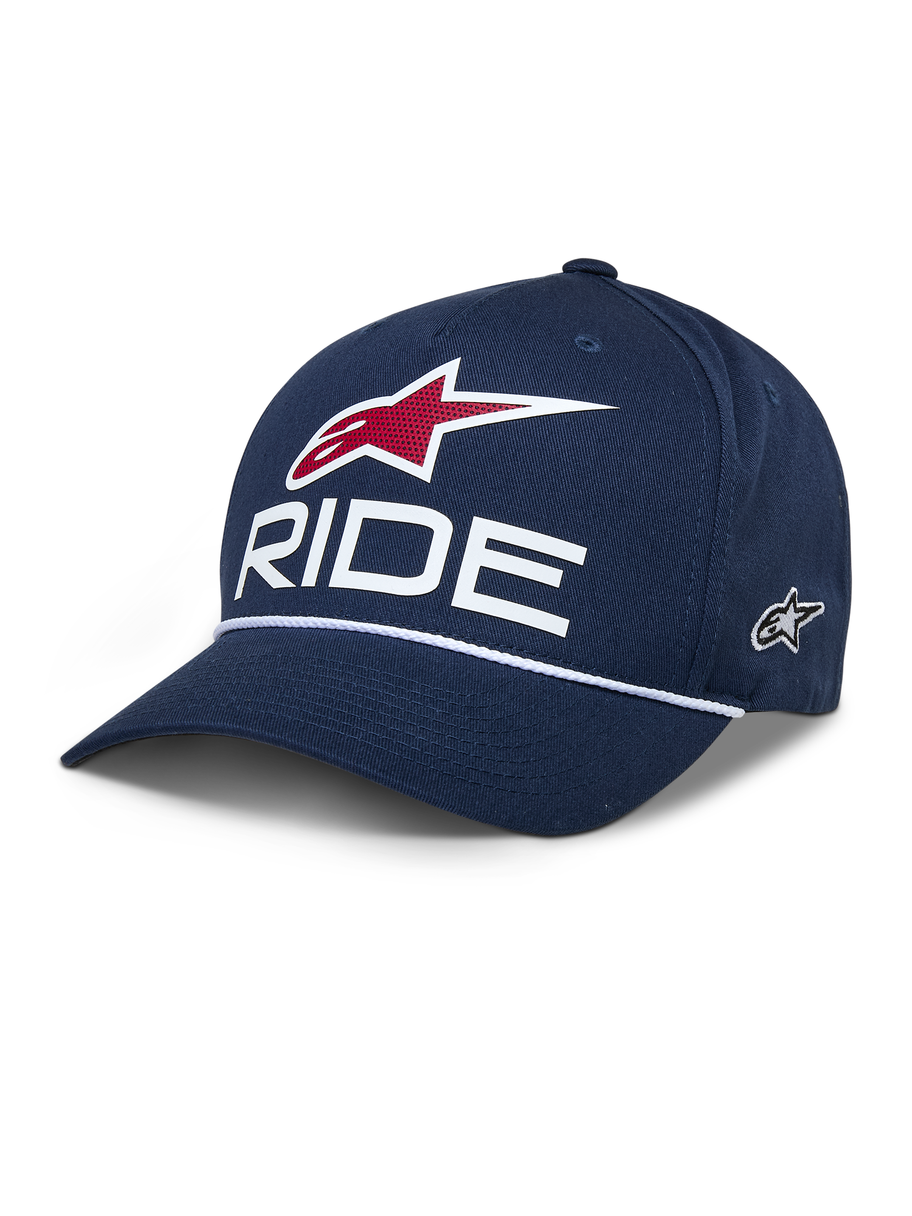 Alpinestars Ride Comp Snapback pet, donkerblauwe baseballpet, wit RIDE- en rood sterlogo, gebogen klep met wit gevlochten koord, casual motorsport hoofdbedekking