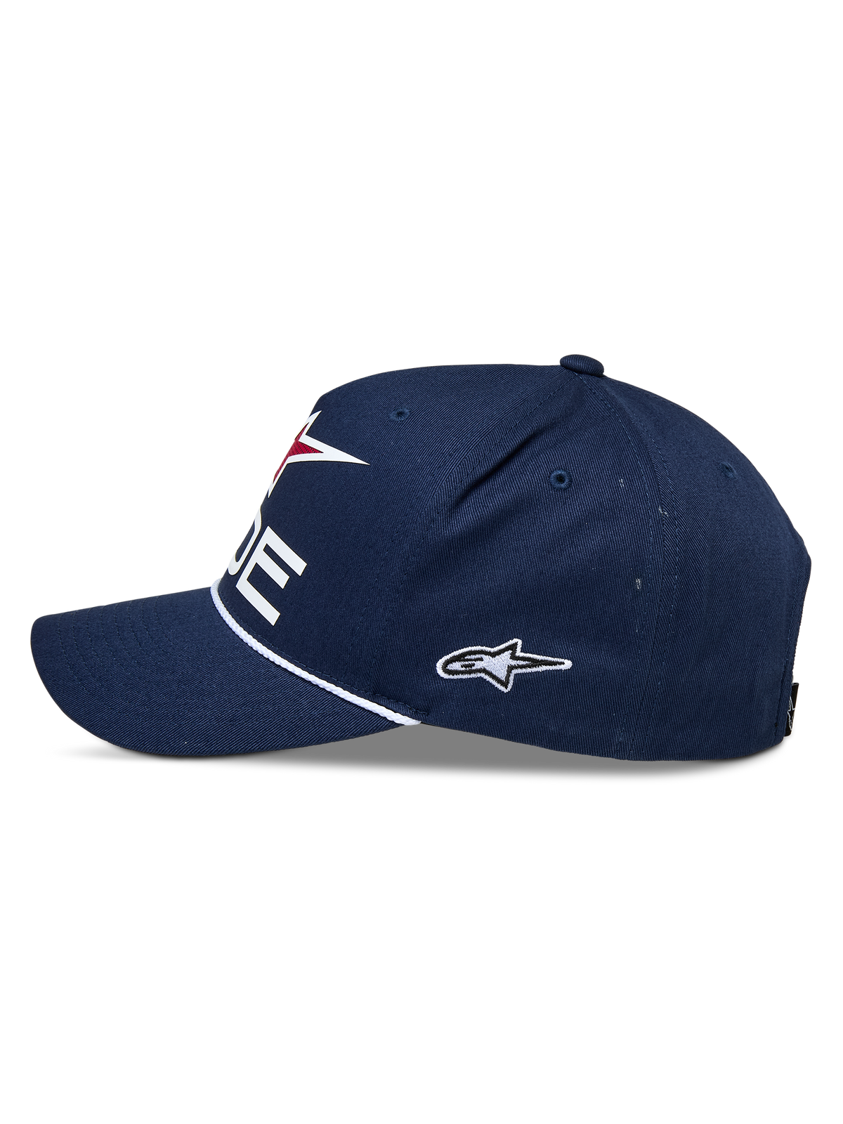 Alpinestars Ride Comp Snapback Pet, marineblauw, wit en rood, zijaanzicht, gestructureerde kroon met gebogen klep, witte gevlochten koordafwerking, geborduurd zijlogo, casual motorsport pet