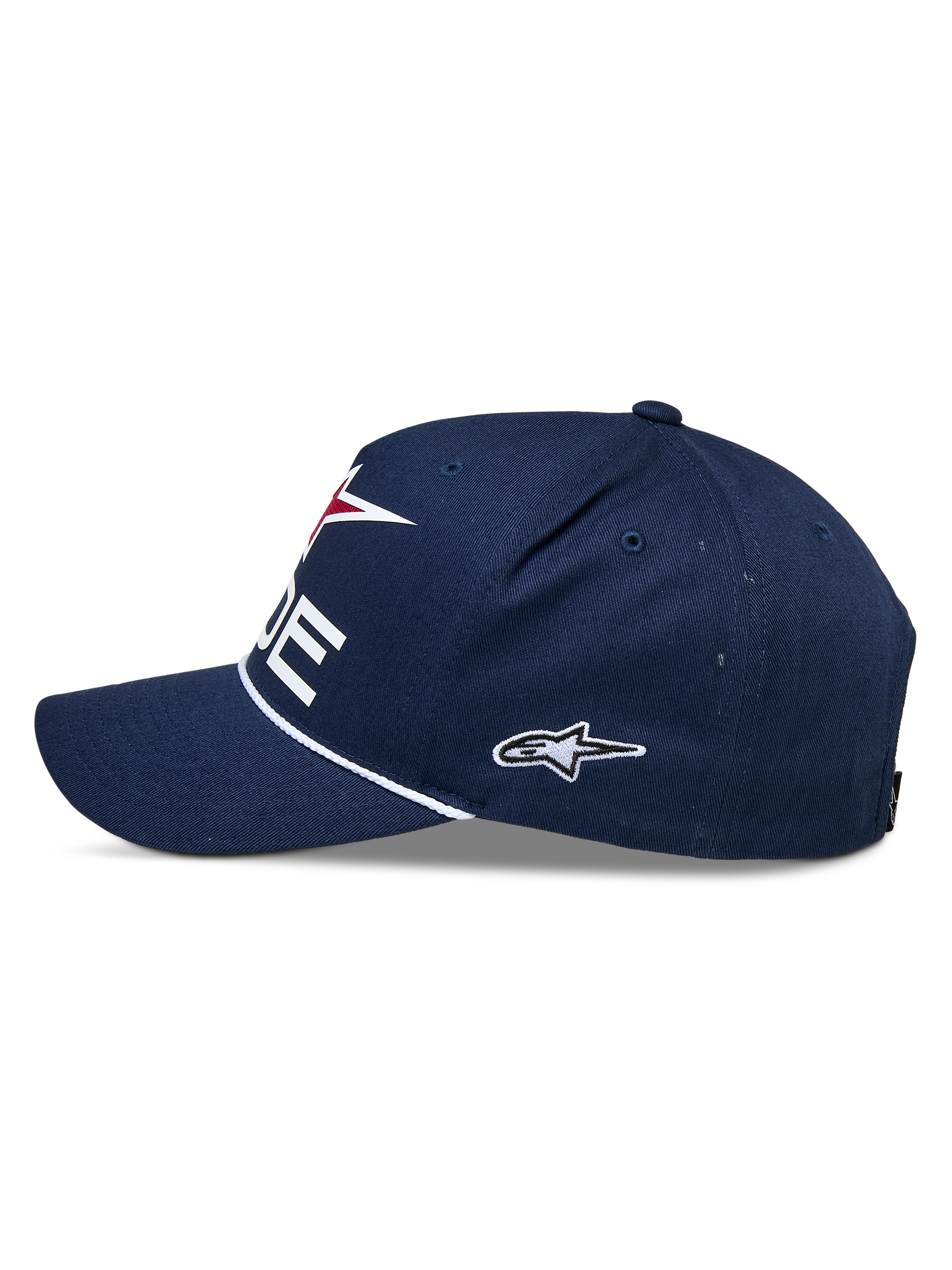 Alpinestars Ride Comp Snapback Pet, marineblauw, wit en rood, zijaanzicht, gestructureerde kroon met gebogen klep, witte gevlochten koordafwerking, geborduurd zijlogo, casual motorsport pet