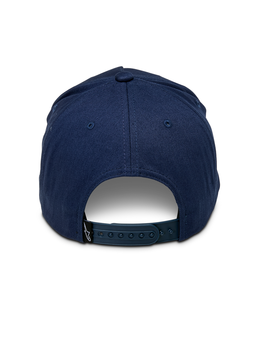 Alpinestars Ride Comp Snapback pet, donkerblauw, achteraanzicht met verstelbare plastic snapback-sluiting, klein zwart logolabel, gestructureerde kroon van katoenen keperstof, casual motorsport-geïnspireerde hoofdbedekking