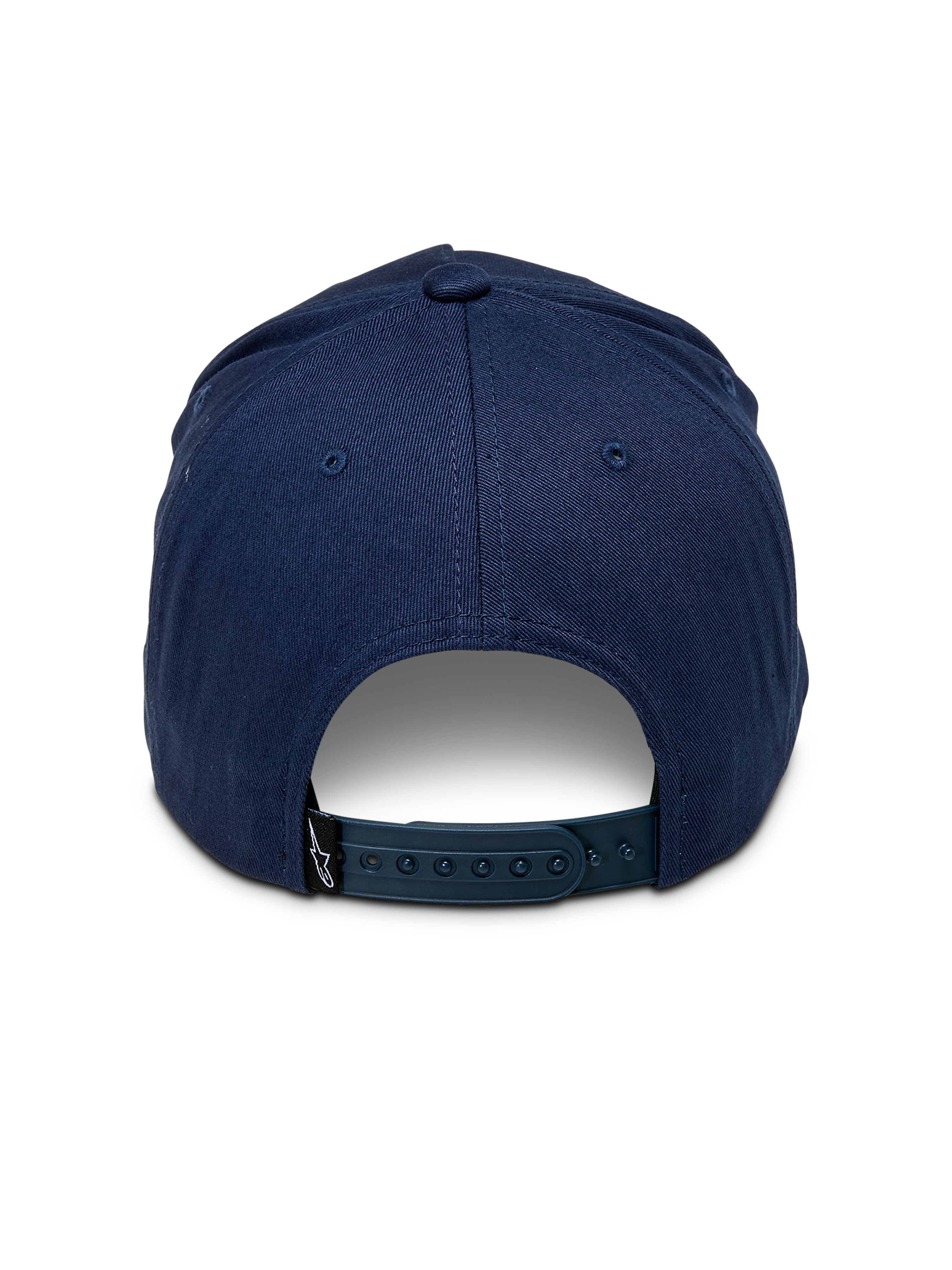 Alpinestars Ride Comp Snapback pet, donkerblauw, achteraanzicht met verstelbare plastic snapback-sluiting, klein zwart logolabel, gestructureerde kroon van katoenen keperstof, casual motorsport-geïnspireerde hoofdbedekking