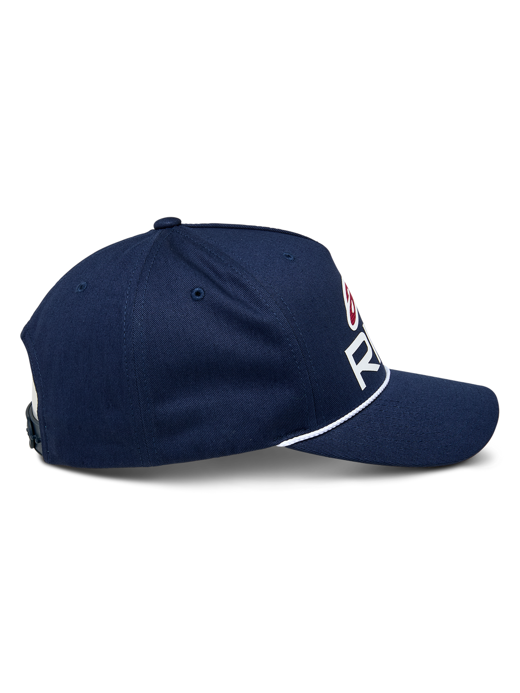 Alpinestars Ride Comp Snapback pet, marineblauw met witte en rode accenten, zijprofiel met gebogen klep en witte gevlochten koordafwerking, gestructureerde kroon, casual motorsportpet