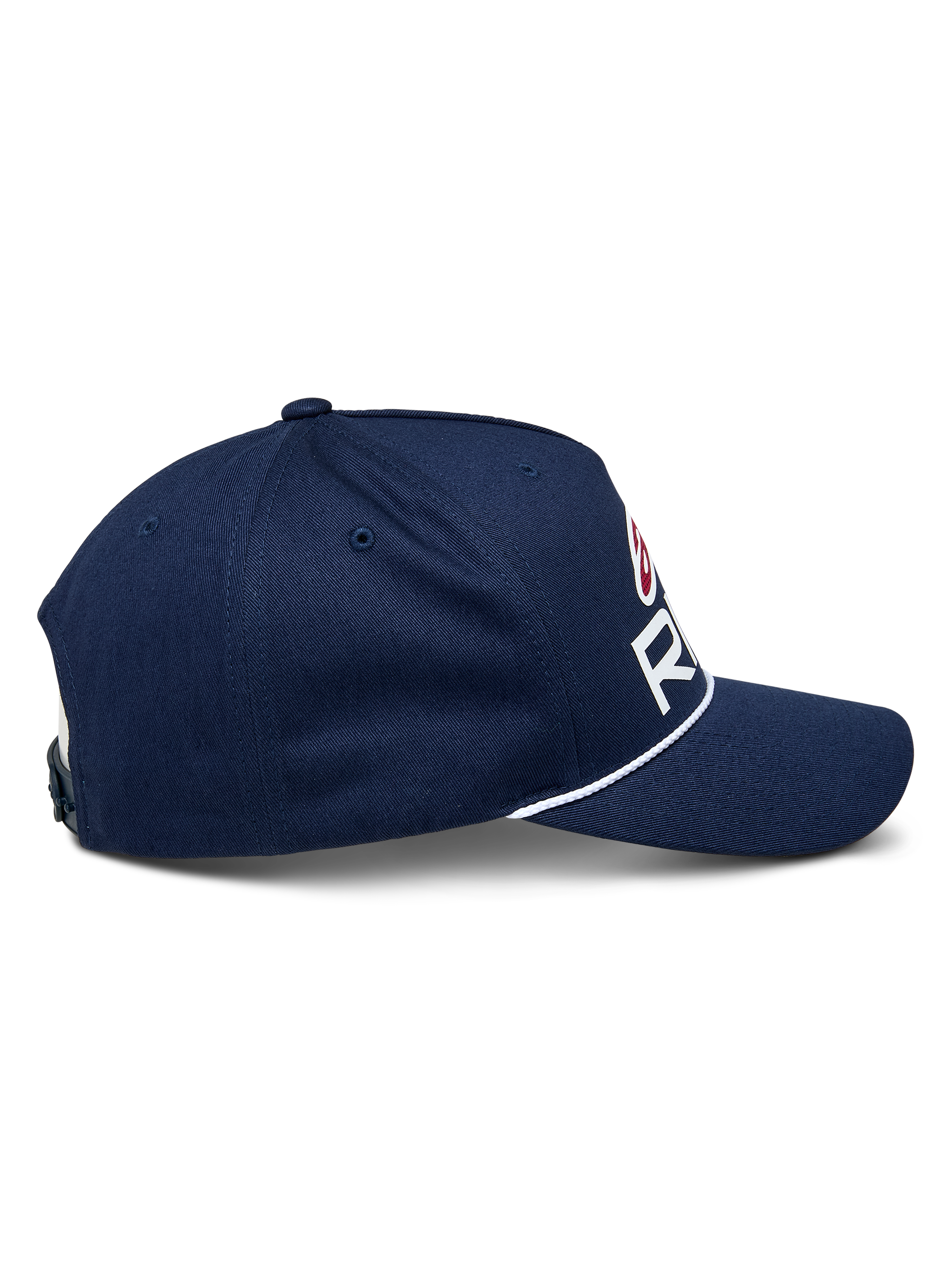 Alpinestars Ride Comp Snapback pet, marineblauw met witte en rode accenten, zijprofiel met gebogen klep en witte gevlochten koordafwerking, gestructureerde kroon, casual motorsportpet