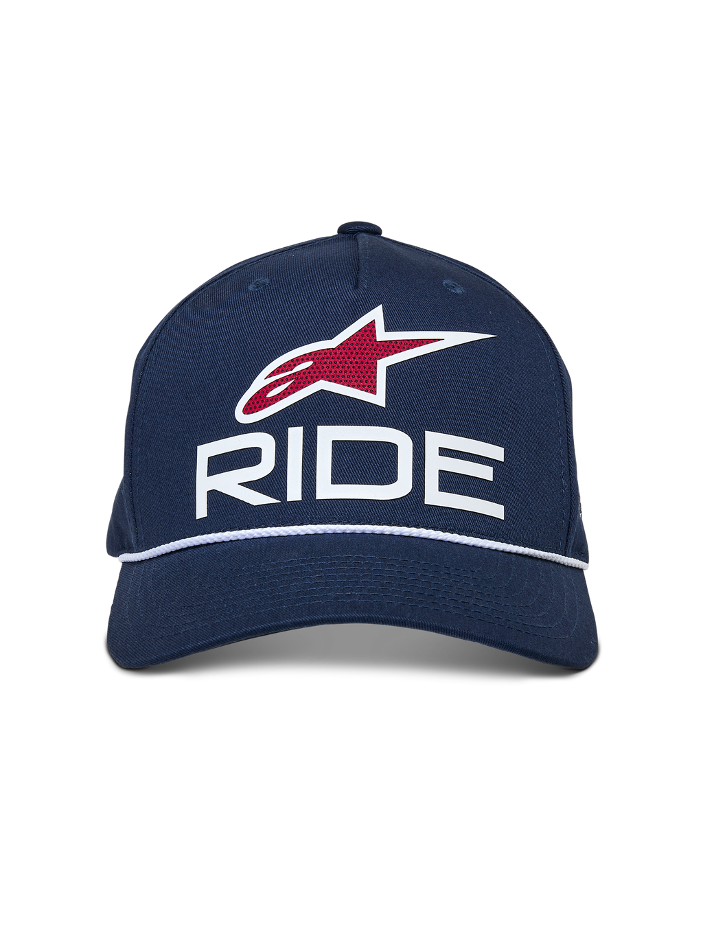 Alpinestars Ride Comp Snapback pet, donkerblauw met witte en rode accenten, voorzien van een 3D RIDE-logo, rood ster-embleem en witte gevlochten koordafwerking, gebogen klep, casual motorsport-pet