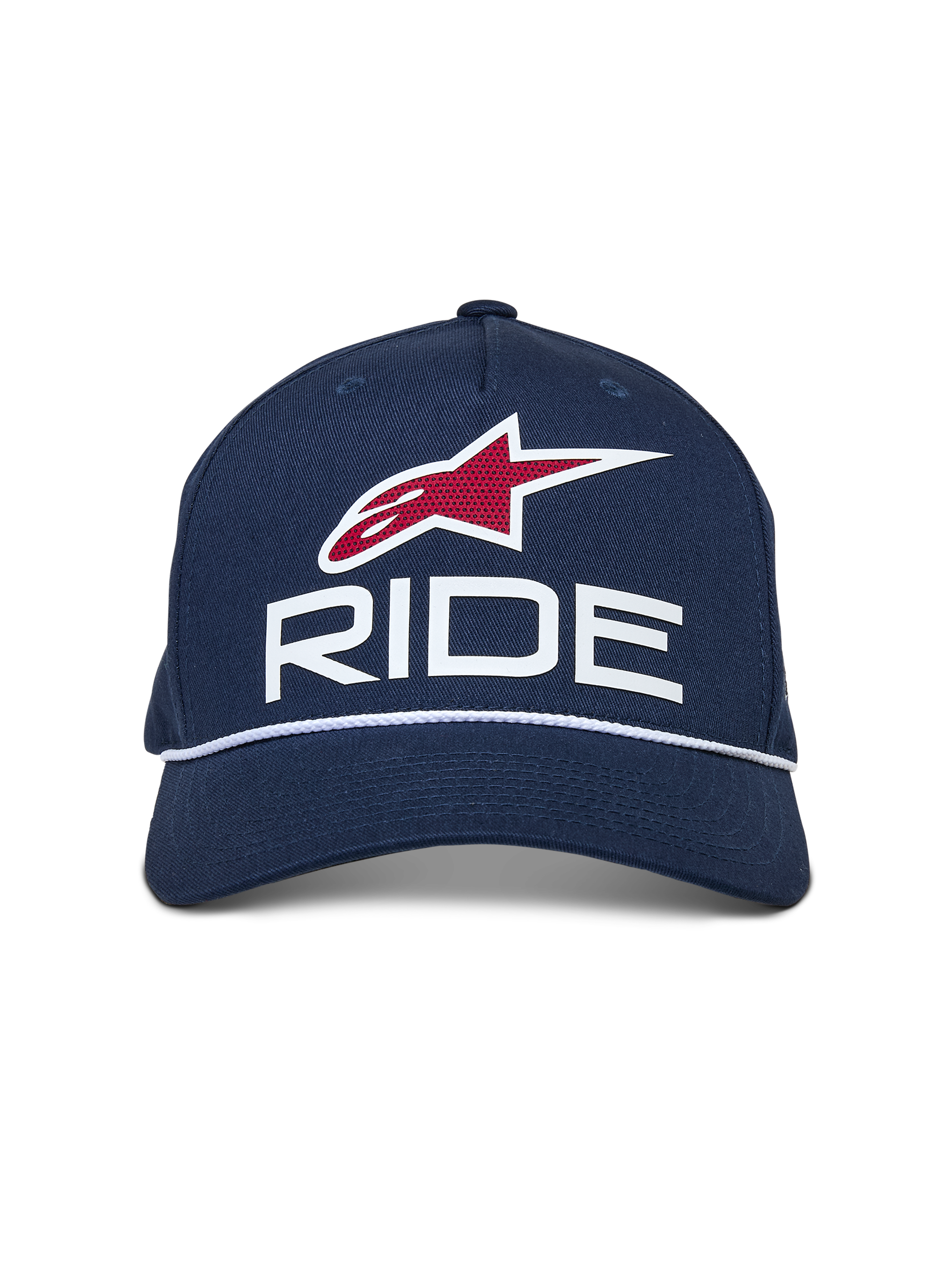 Alpinestars Ride Comp Snapback pet, donkerblauw met witte en rode accenten, voorzien van een 3D RIDE-logo, rood ster-embleem en witte gevlochten koordafwerking, gebogen klep, casual motorsport-pet