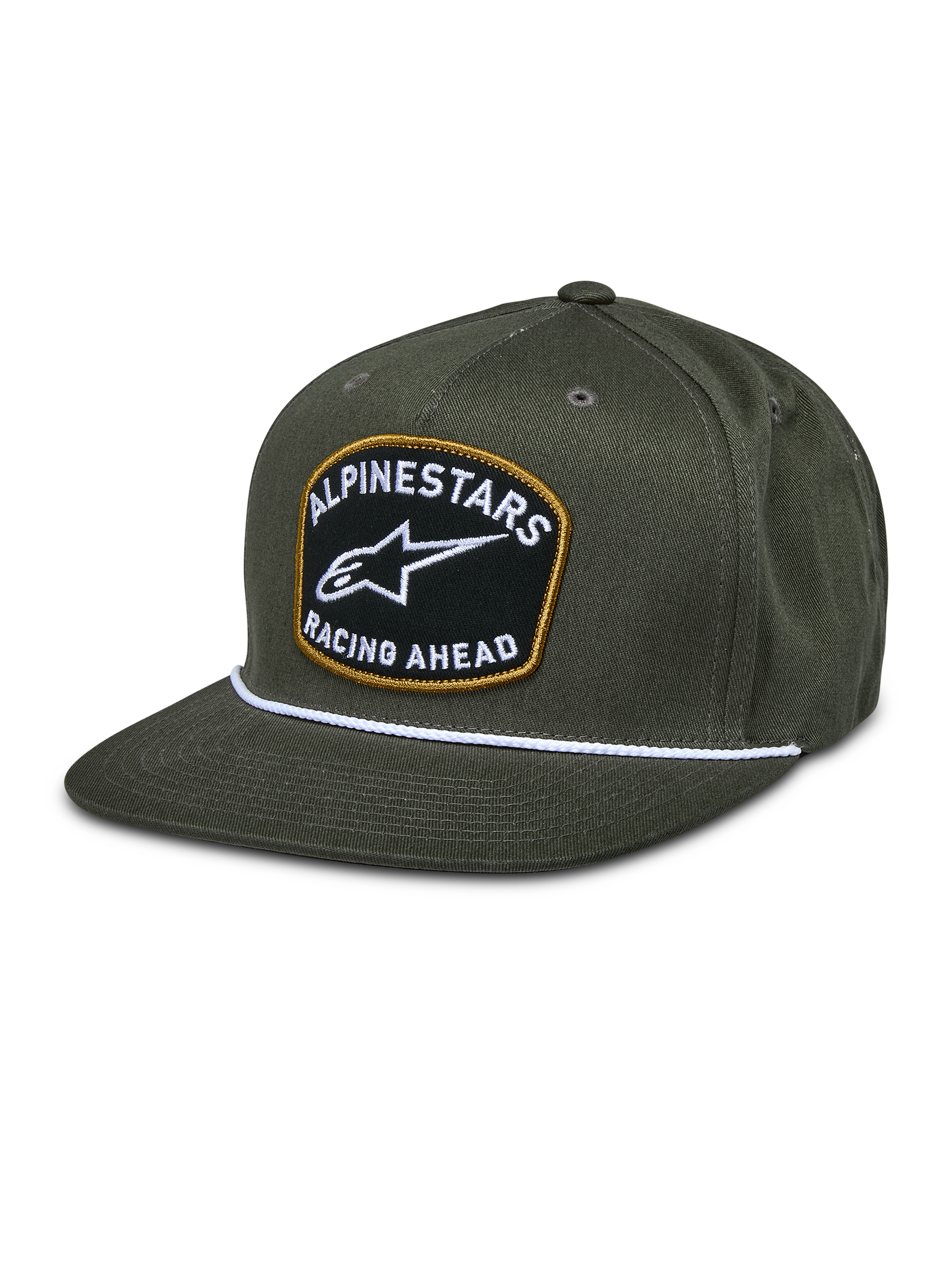 Alpinestars Promptus Snapback pet, militair groen, platte klep met wit gevlochten koord, zwarte geborduurde patch met gouden omlijsting, wit ALPINESTARS RACING AHEAD logo, casual motorsport lifestyle hoofddeksel