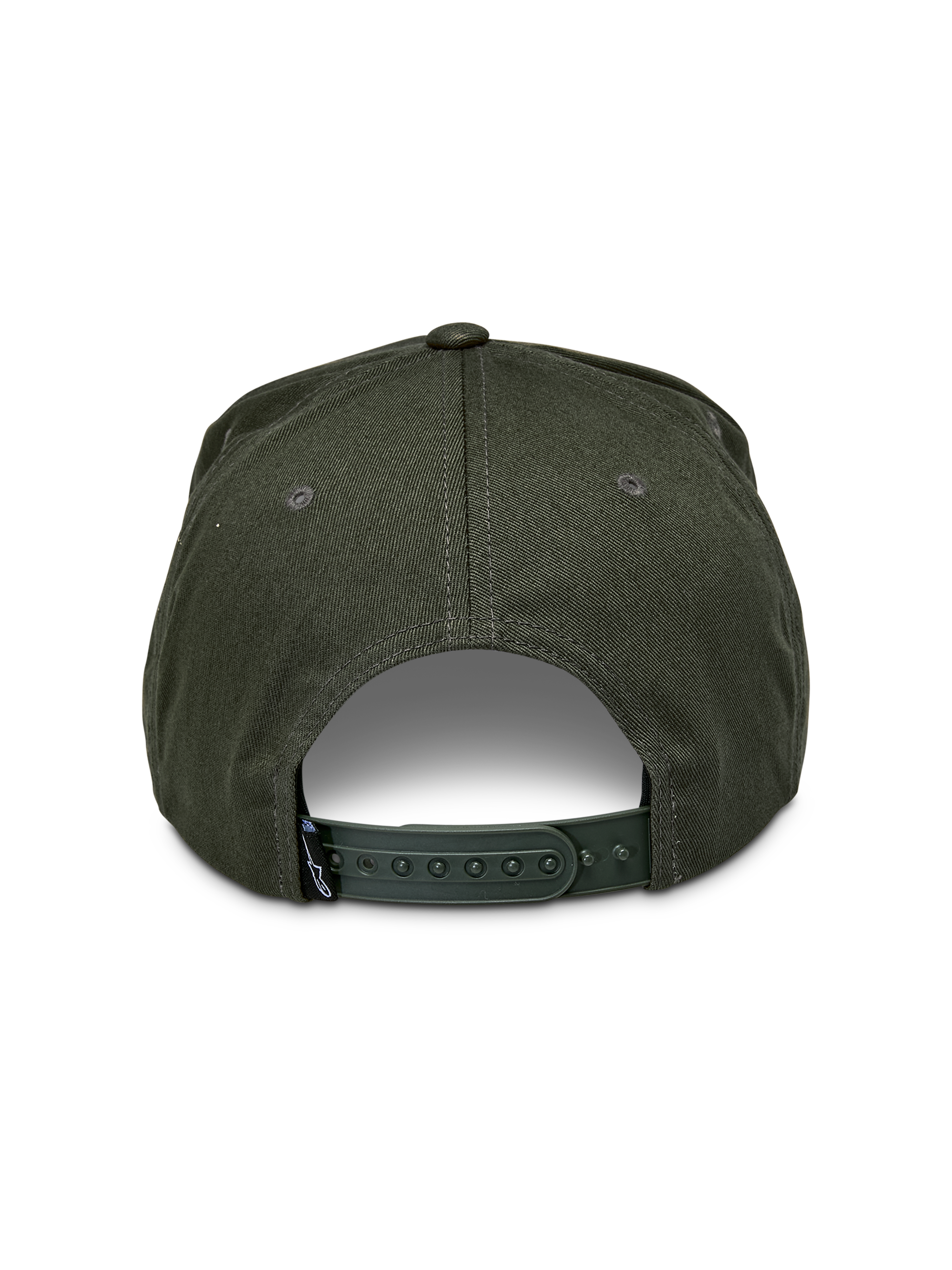 Alpinestars Promptus Snapback pet, Military Green, achterkant met verstelbare snapback-sluiting en katoenen keperstof, klein zwart merklabel, casual door motorsport geïnspireerde hoofdbedekking