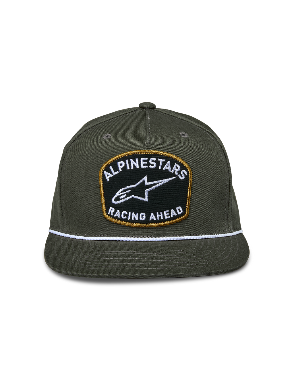 Alpinestars Promptus Snapback pet, Military Green, gestructureerde kroon met platte klep, grote patch aan de voorzijde met wit 'Alpinestars Racing Ahead' borduurwerk en gouden rand, wit gevlochten koorddetail, casual motorsport hoofdbedekking
