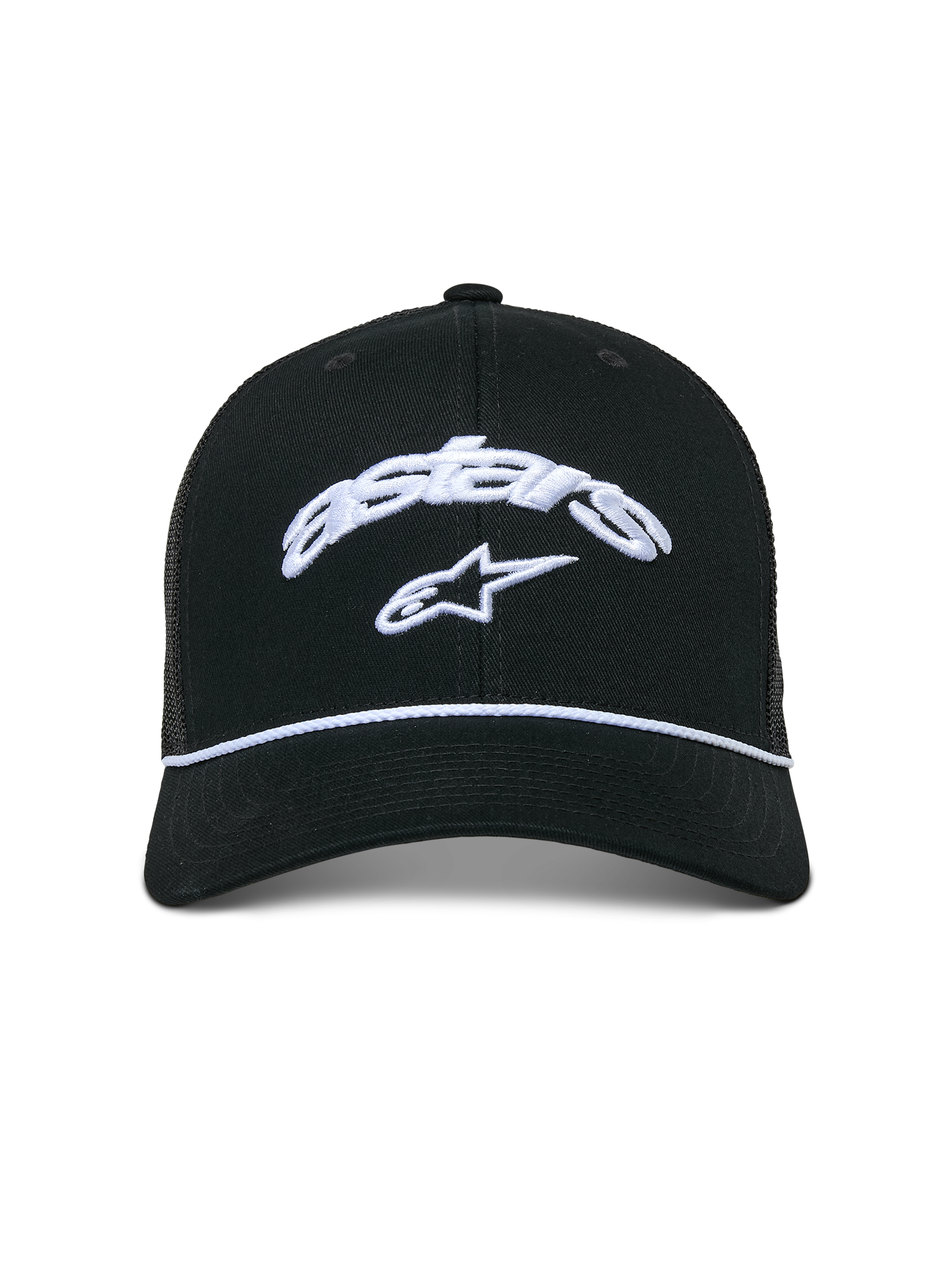 Alpinestars Agree Trucker Hat, Black, structured crown with curved bill, white embroidered Astars curved logo and star, white braided rope detail, breathable mesh back, casual motorsport-inspired headwear