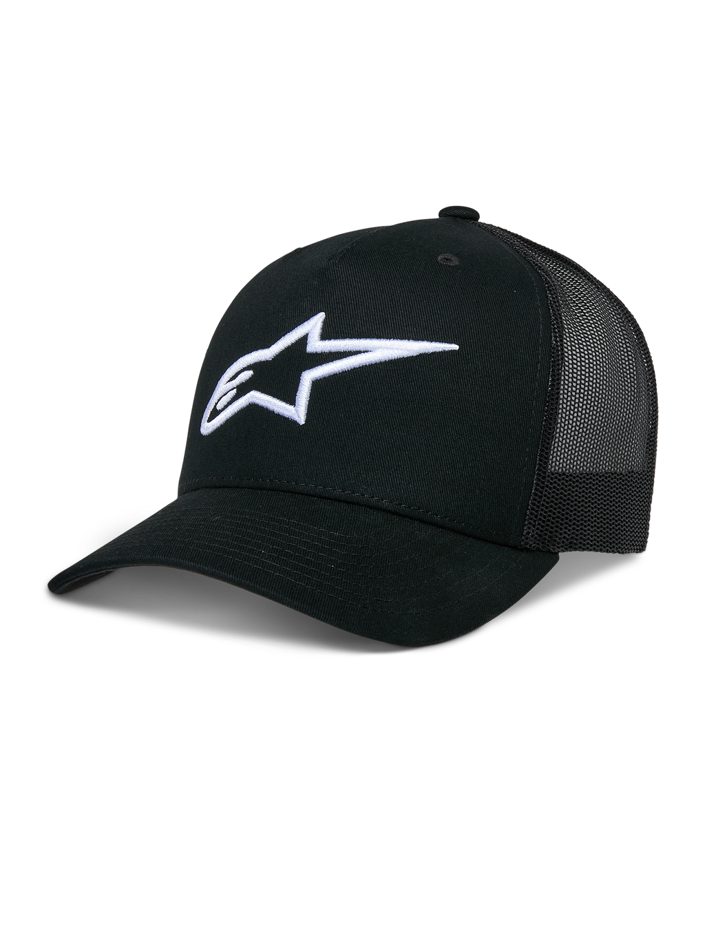 Alpinestars Ageless Trucker Hat, zwarte baseballcap met mesh achterkant, wit 3D-geborduurd Astars-logo, gestructureerde kroon en gebogen klep, casual lifestyle hoofdbedekking
