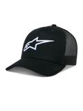 Alpinestars Ageless Trucker Hat, zwarte baseballcap met mesh achterkant, wit 3D-geborduurd Astars-logo, gestructureerde kroon en gebogen klep, casual lifestyle hoofdbedekking