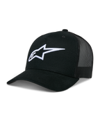 Alpinestars Ageless Trucker Hat, zwarte baseballcap met mesh achterkant, wit 3D-geborduurd Astars-logo, gestructureerde kroon en gebogen klep, casual lifestyle hoofdbedekking