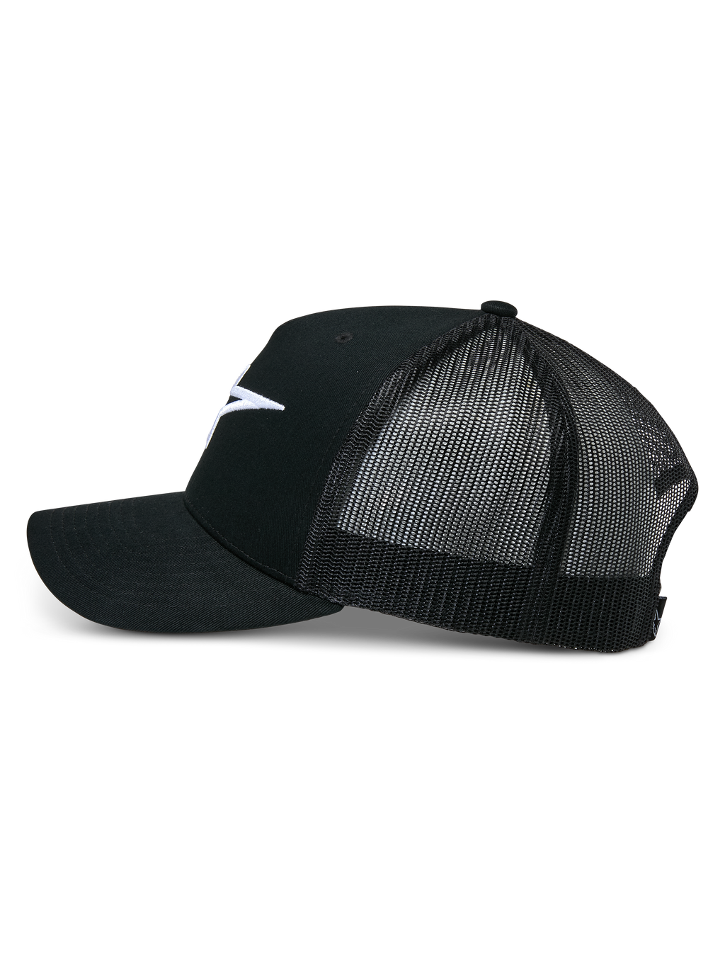 Alpinestars Ageless Trucker pet, zwart, zijaanzicht, gestructureerde katoenen twill voorzijde met wit geborduurd Astars-logo, ademende zwarte mesh achterkant, gebogen klep, casual motorsport hoofddeksel