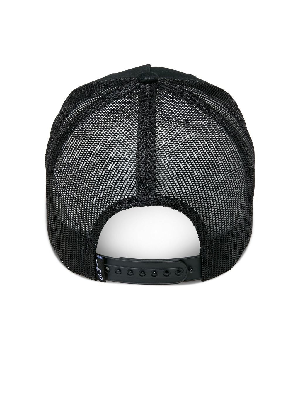 Alpinestars Ageless Trucker pet, zwart, achteraanzicht, voorzien van zwarte mesh achterpanelen, verstelbare snapback-sluiting en klein Astars-logo label op de achterzijde, casual motorsport-geïnspireerde pet