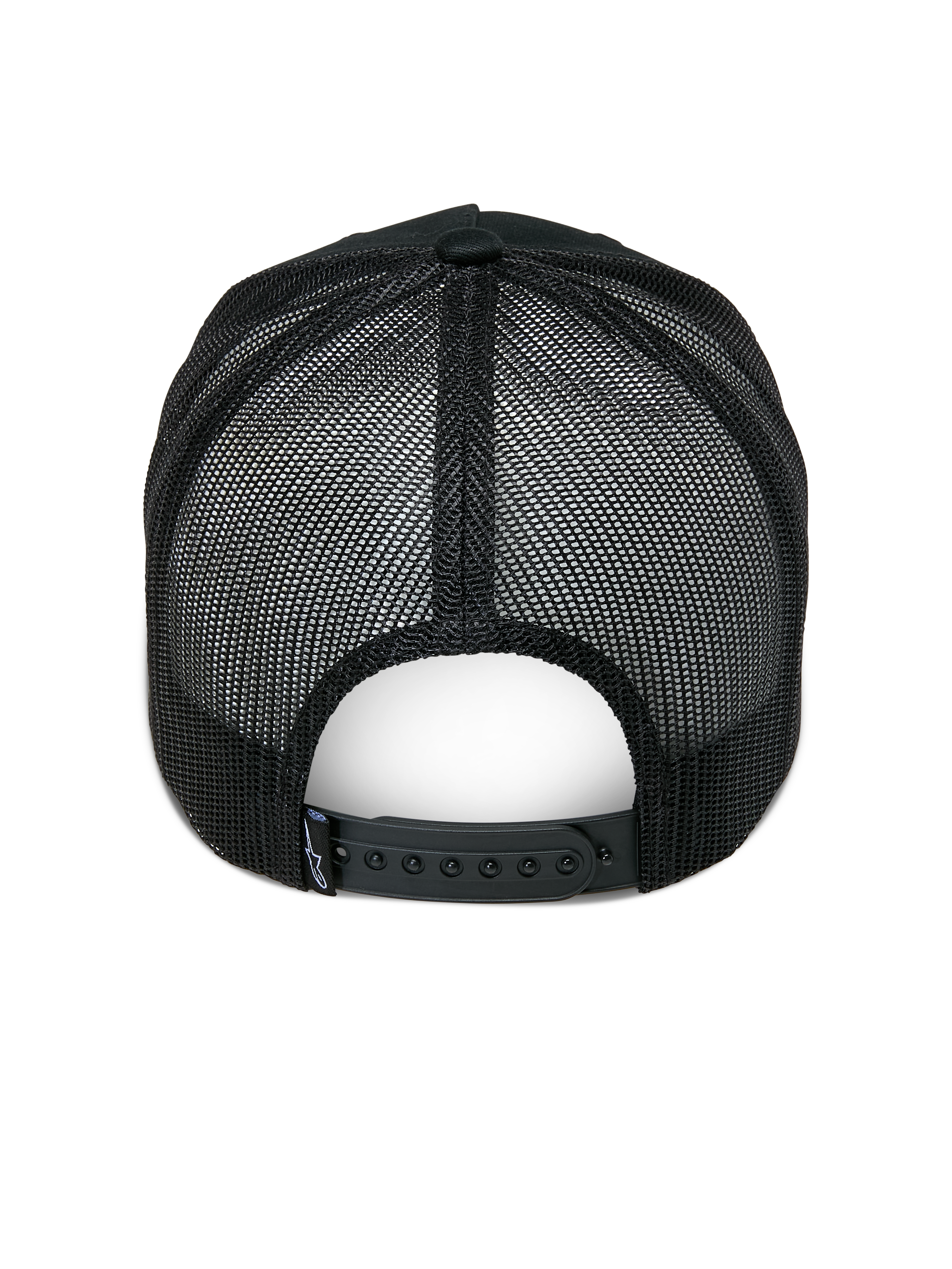 Alpinestars Ageless Trucker pet, zwart, achteraanzicht, voorzien van zwarte mesh achterpanelen, verstelbare snapback-sluiting en klein Astars-logo label op de achterzijde, casual motorsport-geïnspireerde pet
