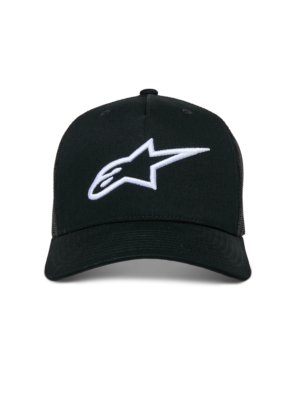 Alpinestars Ageless Trucker pet, casual truckerpet, zwart met wit 3D geborduurd Astars-logo, met een gebogen klep en mesh achterpanelen, motorsport-geïnspireerde streetwear