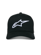 Alpinestars Ageless Trucker pet, casual truckerpet, zwart met wit 3D geborduurd Astars-logo, met een gebogen klep en mesh achterpanelen, motorsport-geïnspireerde streetwear