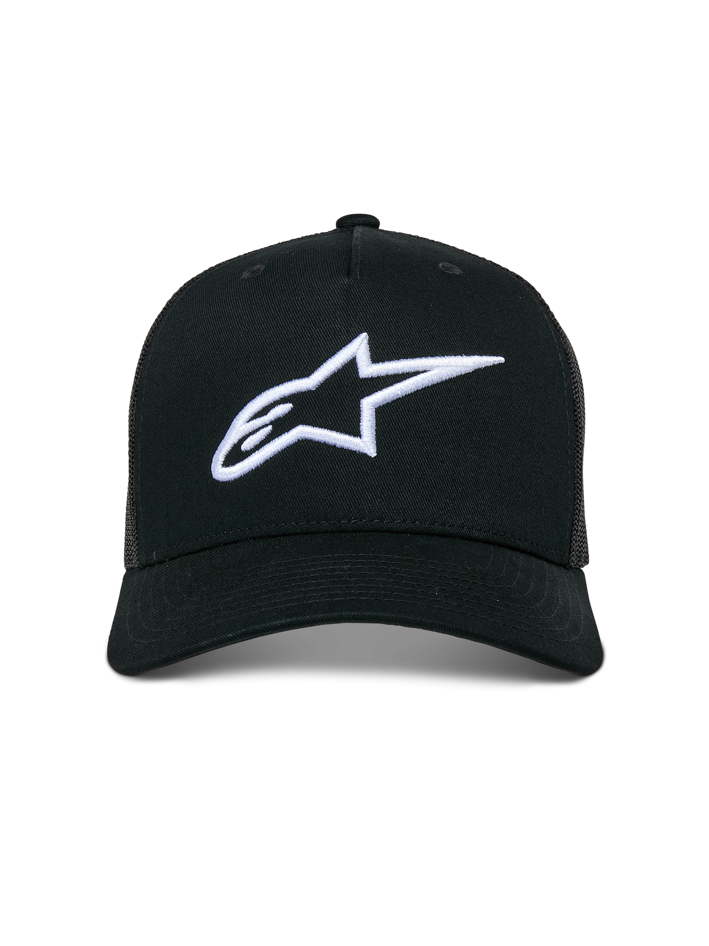 Alpinestars Ageless Trucker pet, casual truckerpet, zwart met wit 3D geborduurd Astars-logo, met een gebogen klep en mesh achterpanelen, motorsport-geïnspireerde streetwear