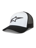 Alpinestars Ageless Snapback Hat, white and black trucker style with structured crown, mesh back, and 3D Astars logo.