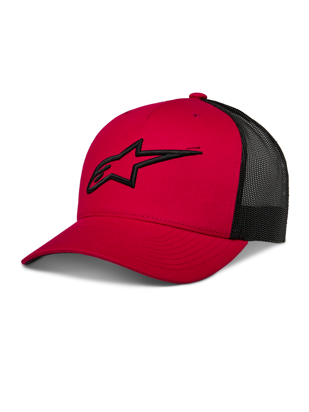 Alpinestars Ageless Trucker pet, rood met zwart mesh achterpaneel, baseballcap met gebogen klep, 3D-geborduurd zwart Astars-logo, gestructureerde kroon, casual motorsport sportkleding