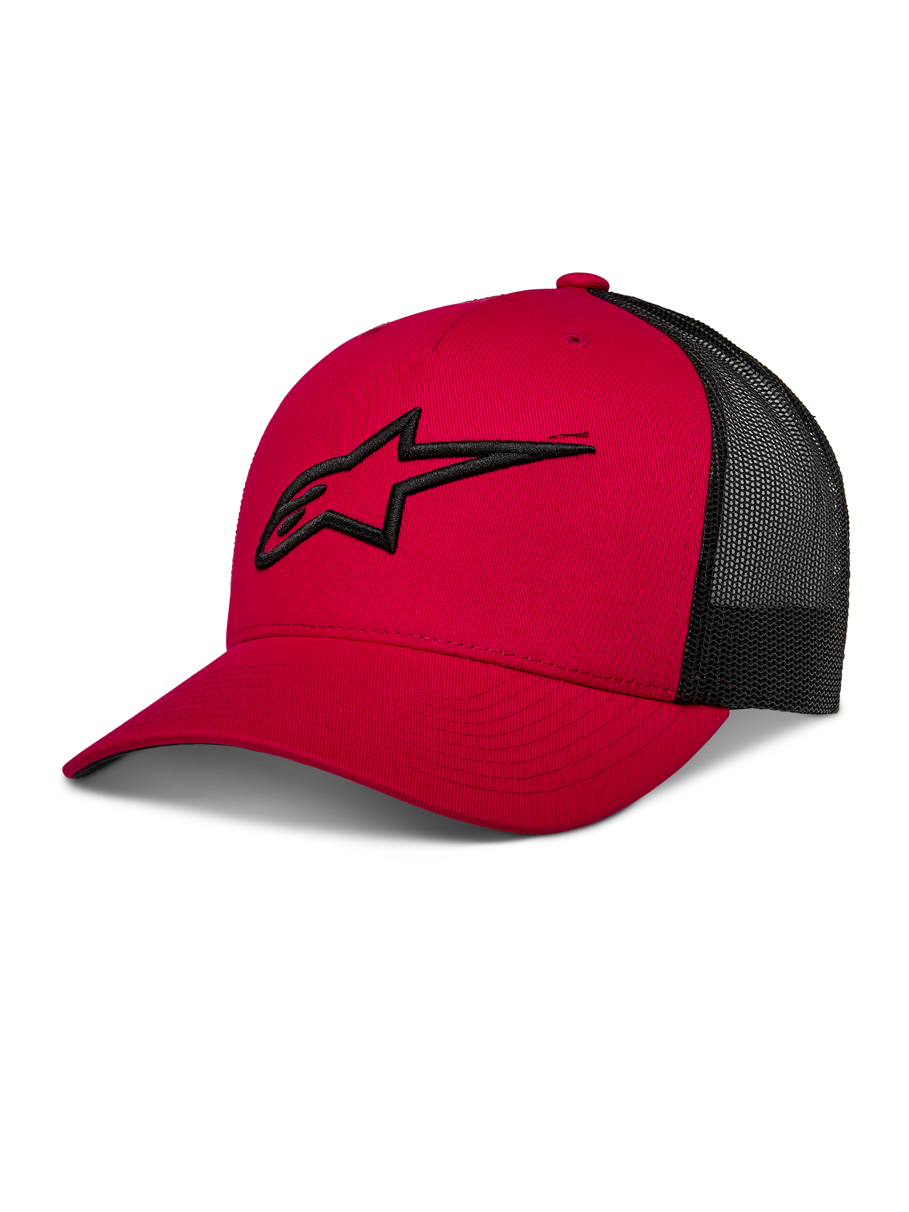 Alpinestars Ageless Trucker pet, rood met zwart mesh achterpaneel, baseballcap met gebogen klep, 3D-geborduurd zwart Astars-logo, gestructureerde kroon, casual motorsport sportkleding
