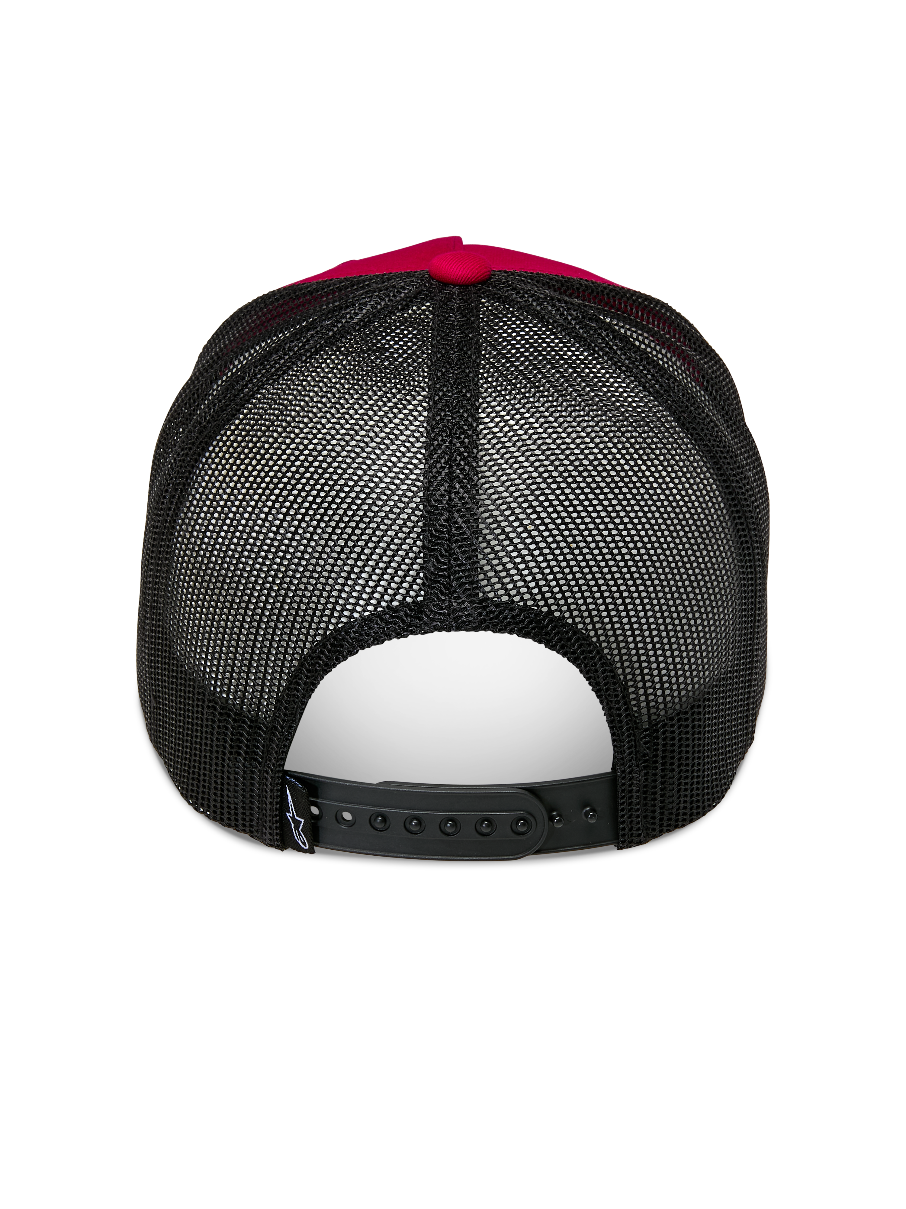 Alpinestars Ageless Trucker-pet, rood en zwart, achteraanzicht met zwarte mesh achterzijde en verstelbare snapback-sluiting, rode knop bovenzijde en kroondetails, casual motorsport hoofddeksel