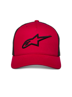 Alpinestars Ageless Trucker pet, rood met zwarte mesh achterkant, zwart 3D-geborduurd Astars-logo op de voorkant, gebogen klep, casual motorsport-geïnspireerde hoofdbedekking