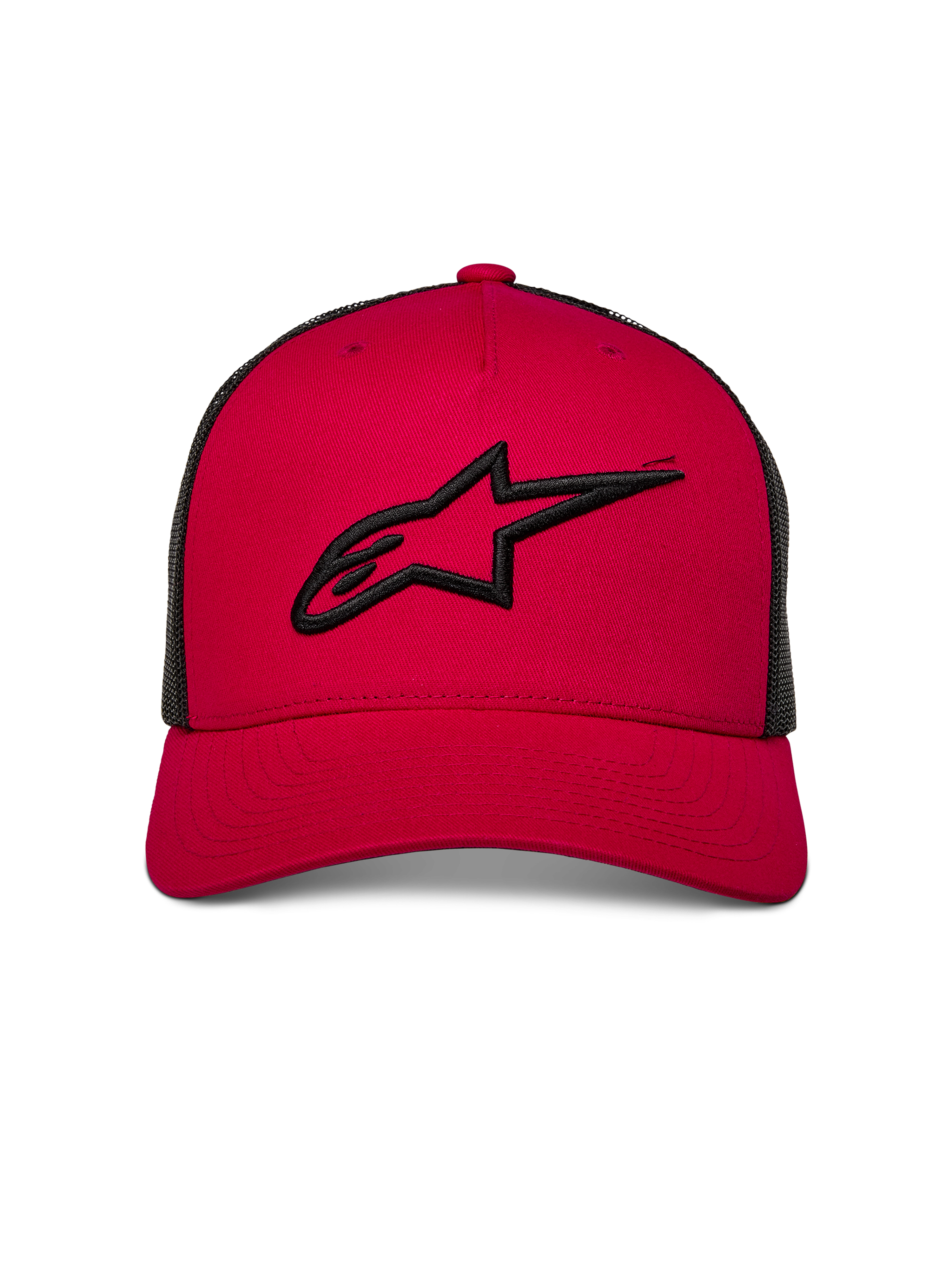 Alpinestars Ageless Trucker pet, rood met zwarte mesh achterkant, zwart 3D-geborduurd Astars-logo op de voorkant, gebogen klep, casual motorsport-geïnspireerde hoofdbedekking