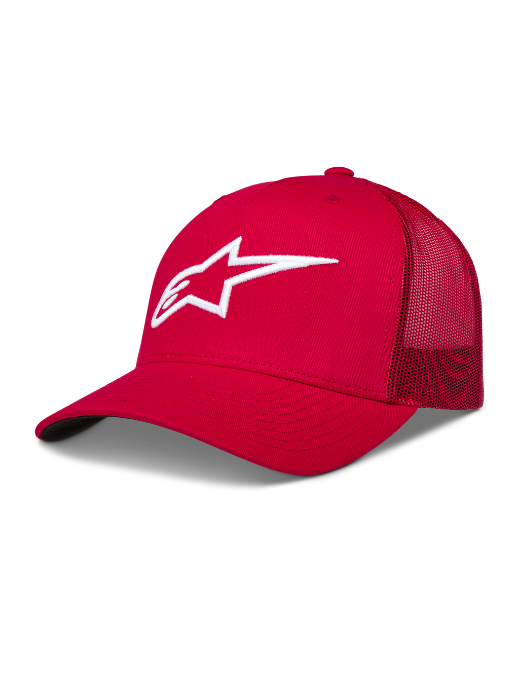 Alpinestars Ageless Snapback Hoed, rode truckerpet met mesh achterzijde en wit 3D Astars-logo.