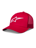 Alpinestars Ageless Snapback Hoed, rode truckerpet met mesh achterzijde en wit 3D Astars-logo.