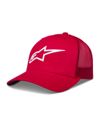 Alpinestars Ageless Snapback Hoed, rode truckerpet met mesh achterzijde en wit 3D Astars-logo.