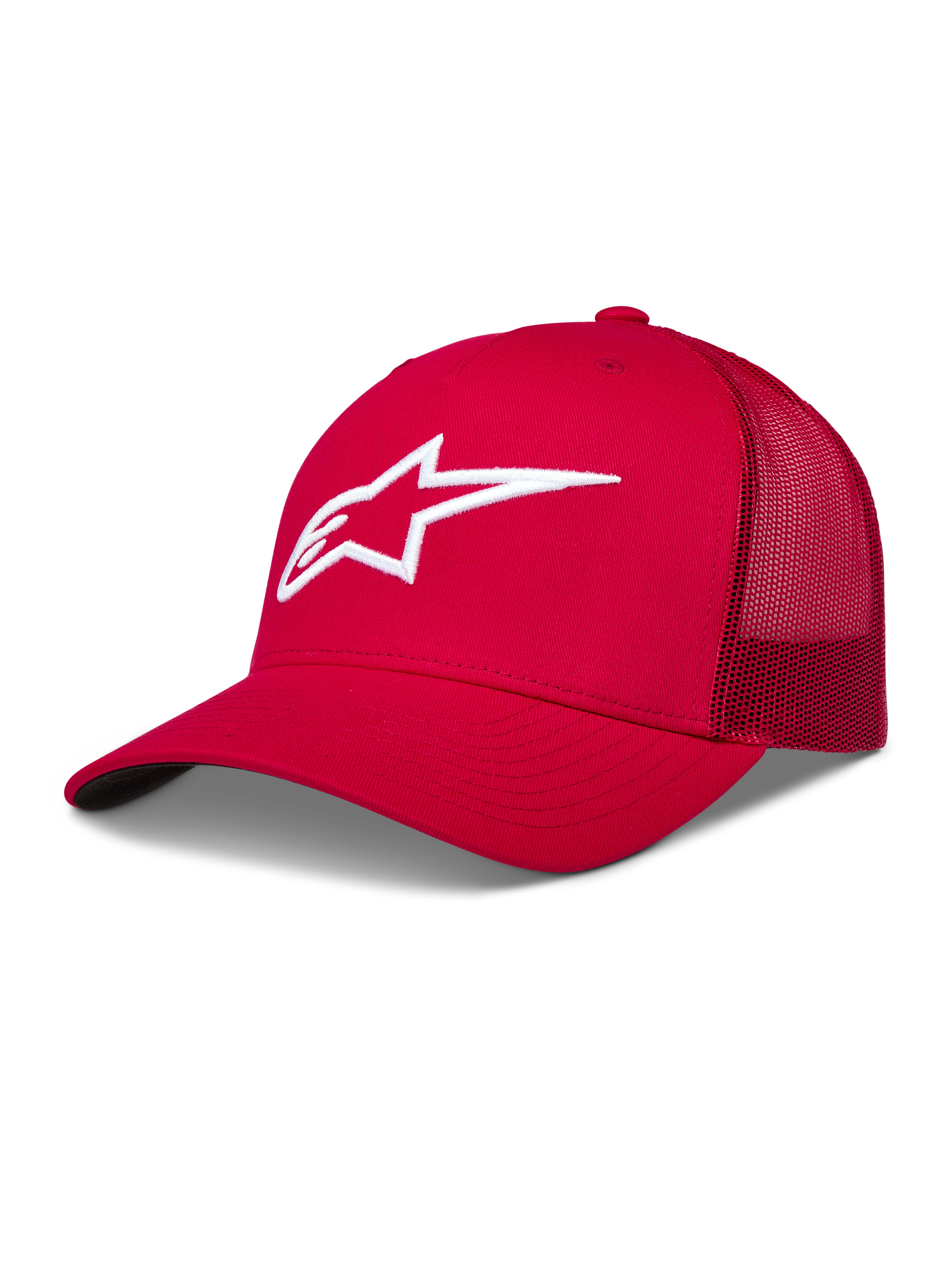 Alpinestars Ageless Snapback Hoed, rode truckerpet met mesh achterzijde en wit 3D Astars-logo.