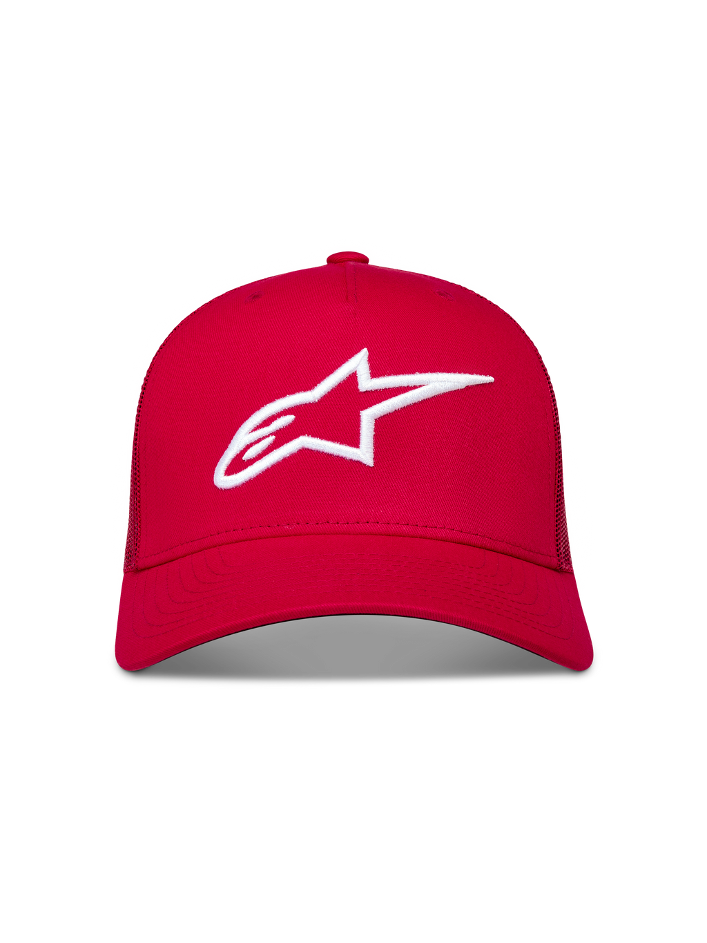Alpinestars Ageless snapbackpet, rode truckerpet met wit geborduurd 3D Astars-logo en gebogen klep, rood en wit