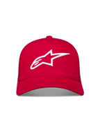 Alpinestars Ageless snapbackpet, rode truckerpet met wit geborduurd 3D Astars-logo en gebogen klep, rood en wit