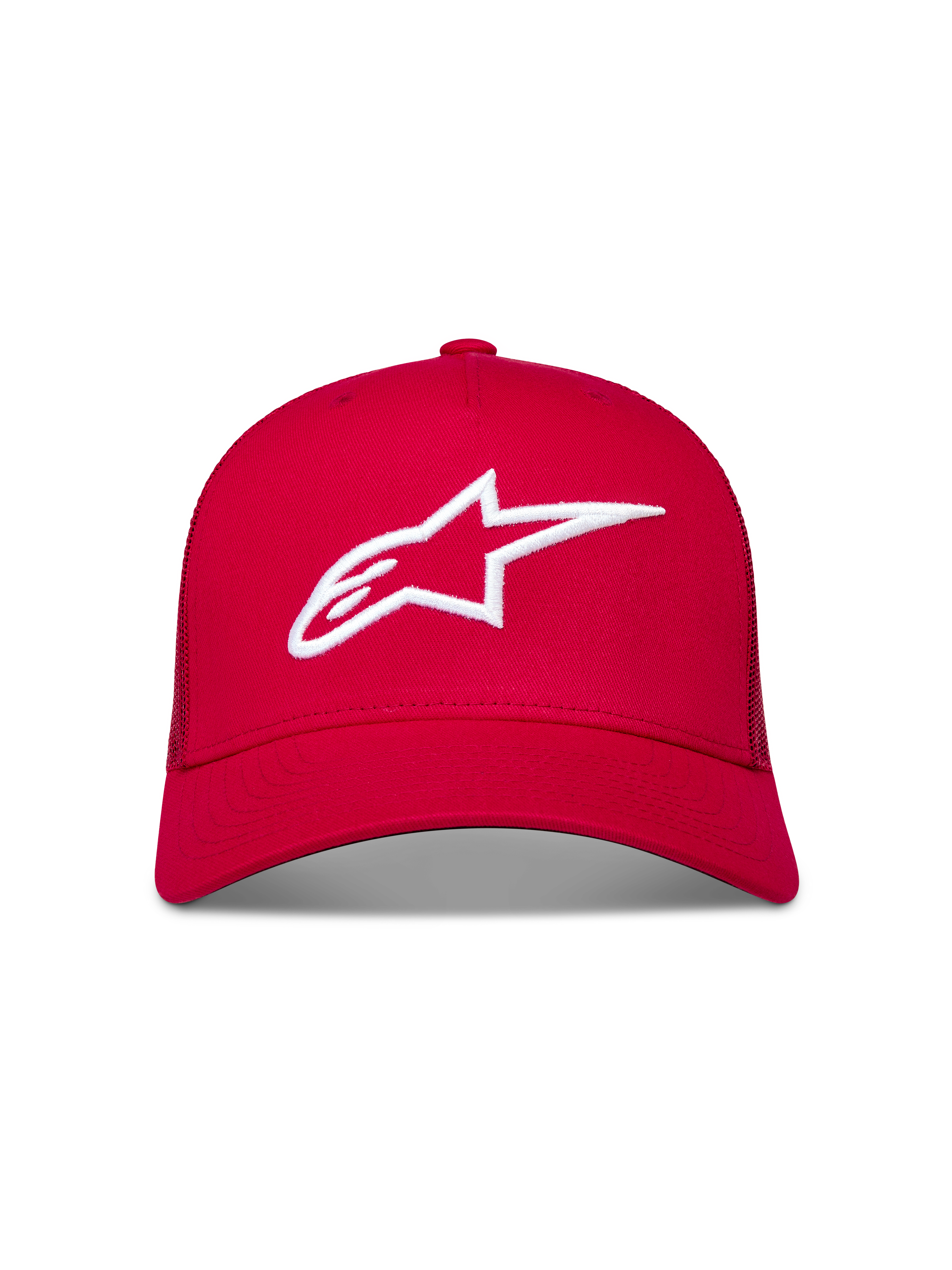 Alpinestars Ageless snapbackpet, rode truckerpet met wit geborduurd 3D Astars-logo en gebogen klep, rood en wit
