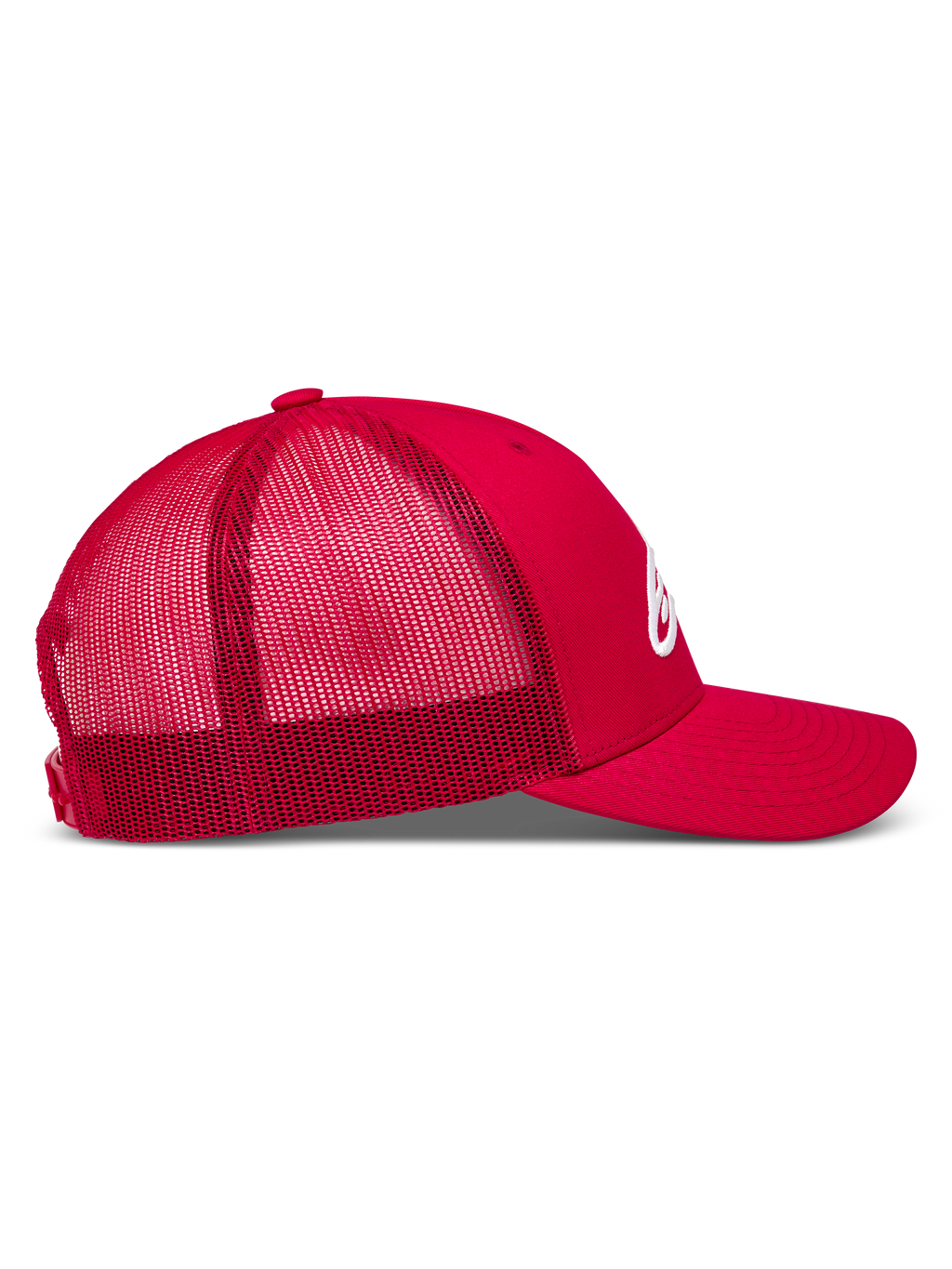 Alpinestars Ageless snapback hoed, rode truckerpet met ademende mesh achterkant, gebogen klep en 3D-logo.