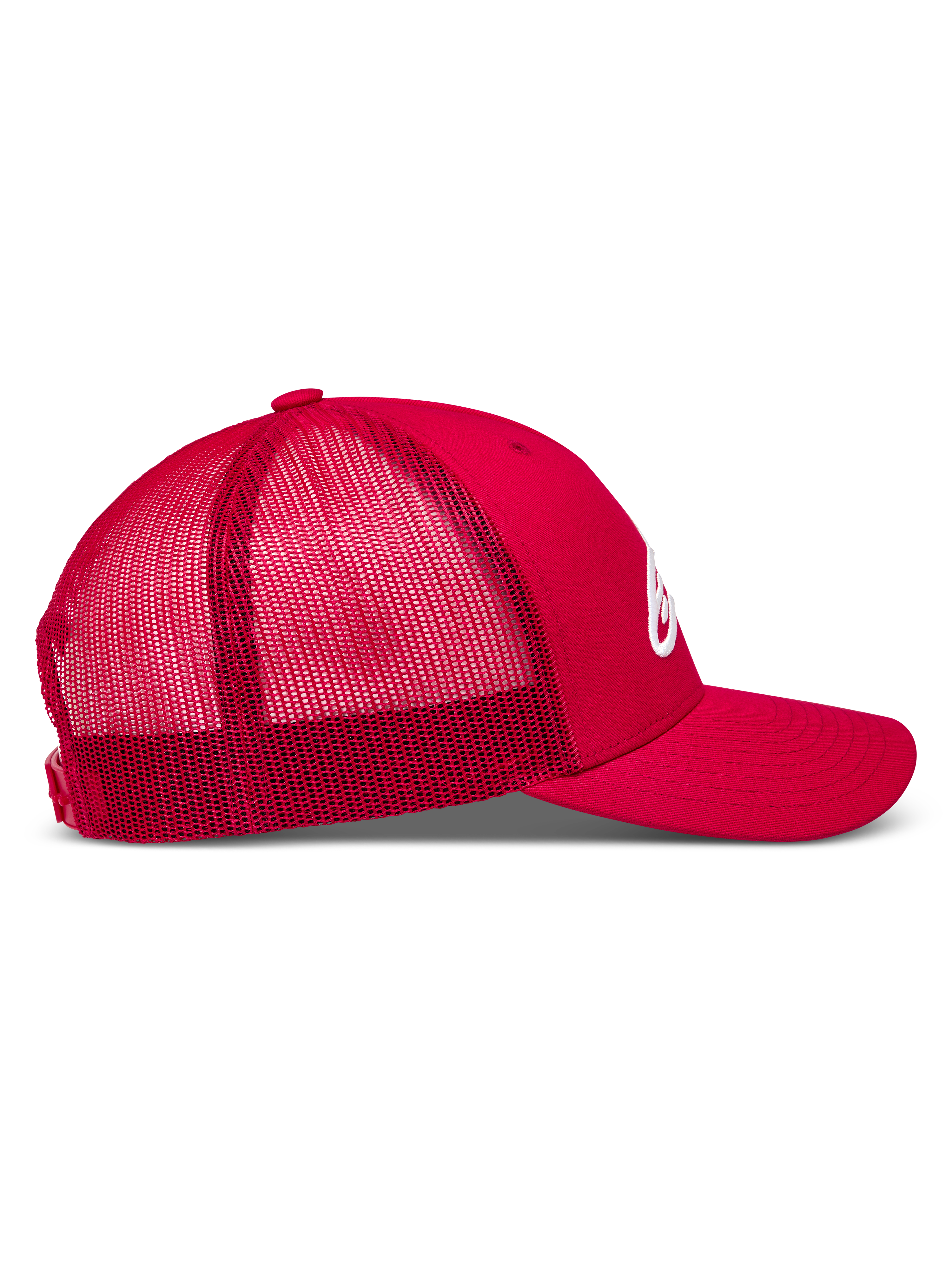 Alpinestars Ageless snapback hoed, rode truckerpet met ademende mesh achterkant, gebogen klep en 3D-logo.