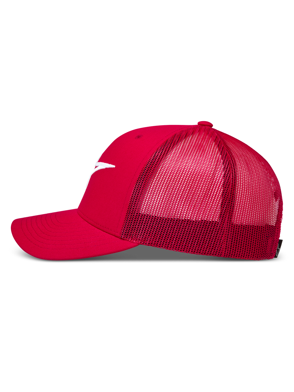 Alpinestars Ageless Trucker pet, rode sportswearpet met ademende mesh achterkant, gebogen klep en wit geborduurd logo.