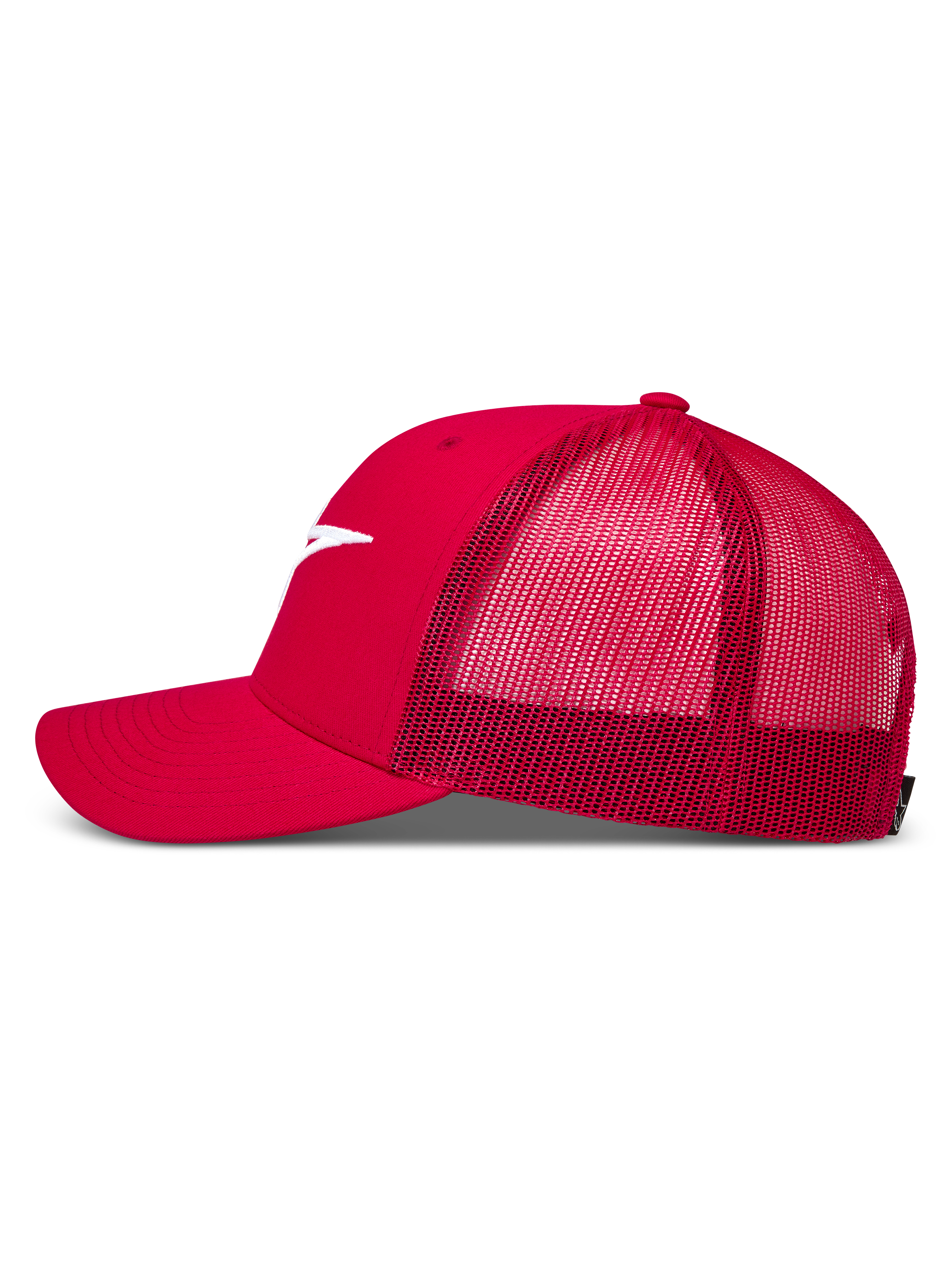 Alpinestars Ageless Trucker pet, rode sportswearpet met ademende mesh achterkant, gebogen klep en wit geborduurd logo.