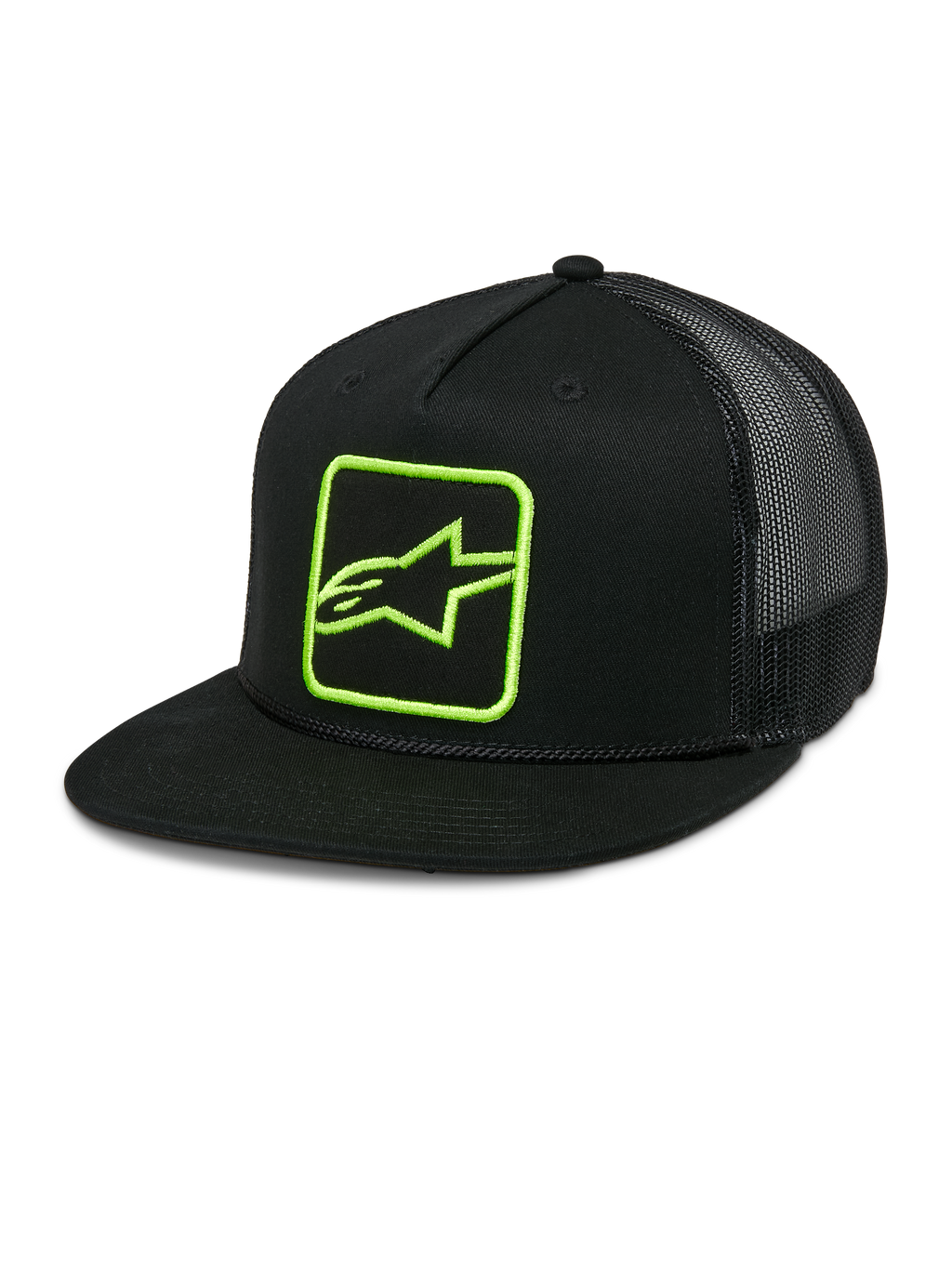 Alpinestars Control Trucker Pet, zwart met neon groen logo, snapback cap met mesh achterkant, platte klep met gevlochten koord detail, gestructureerd voorpaneel met geborduurd Astars logo, casual motorsport stijl